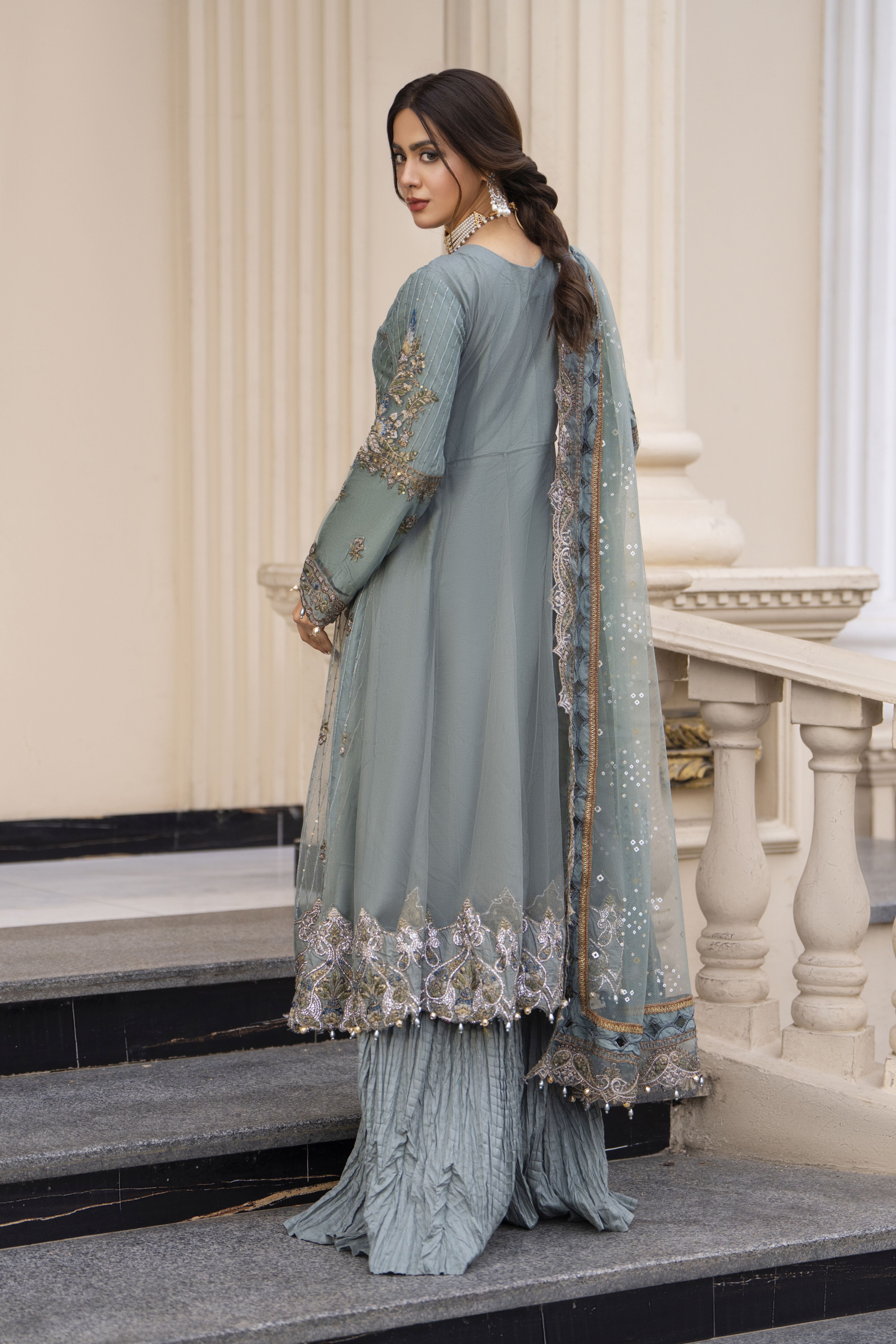 Zaiwaraat by Arwah Embroidered Net Frock with Crushed Sharara & Cutwork Dupatta ZWR01
