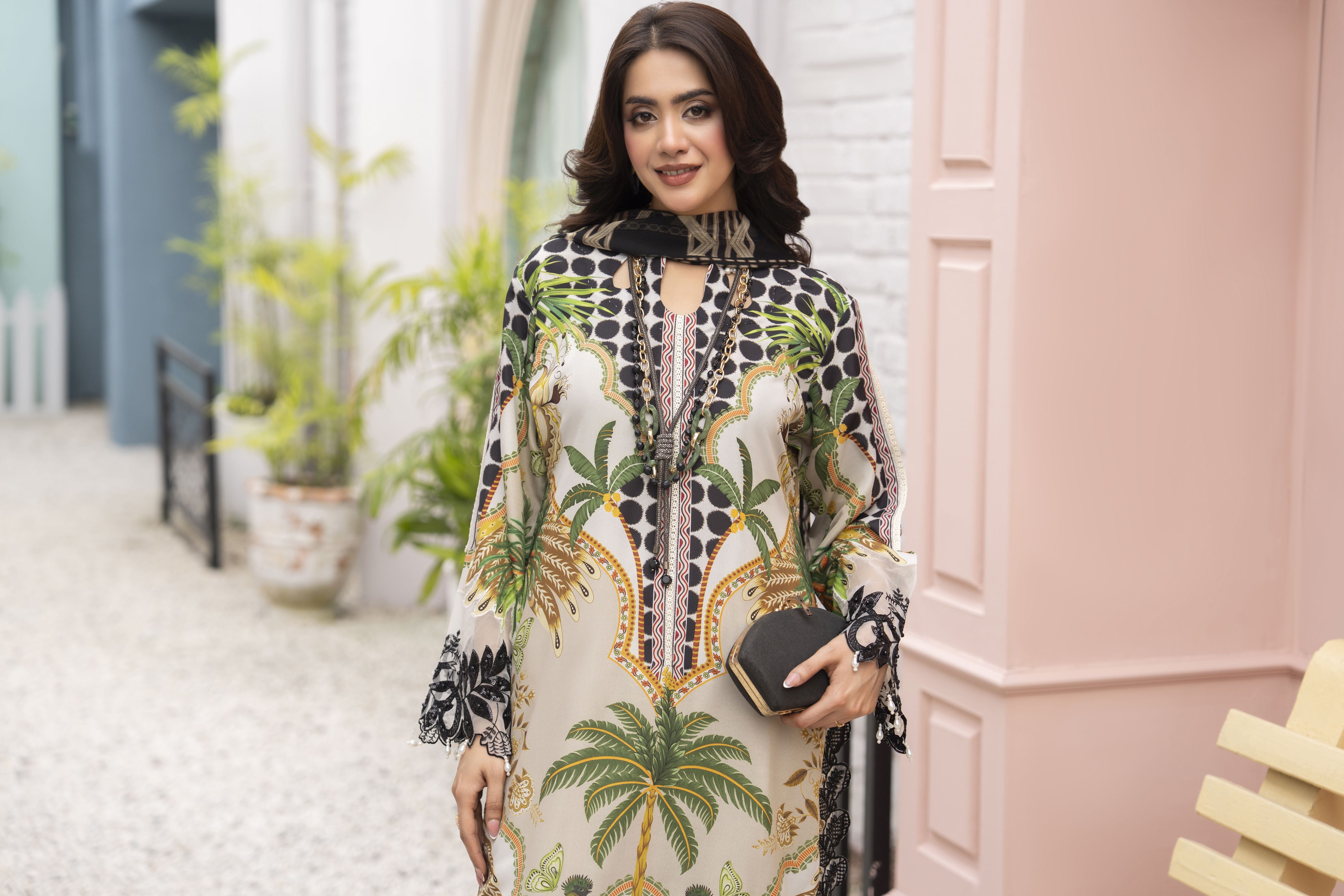 3pc Printed & Embroidered Lawn Suit with Chiffon Dupatta RES2
