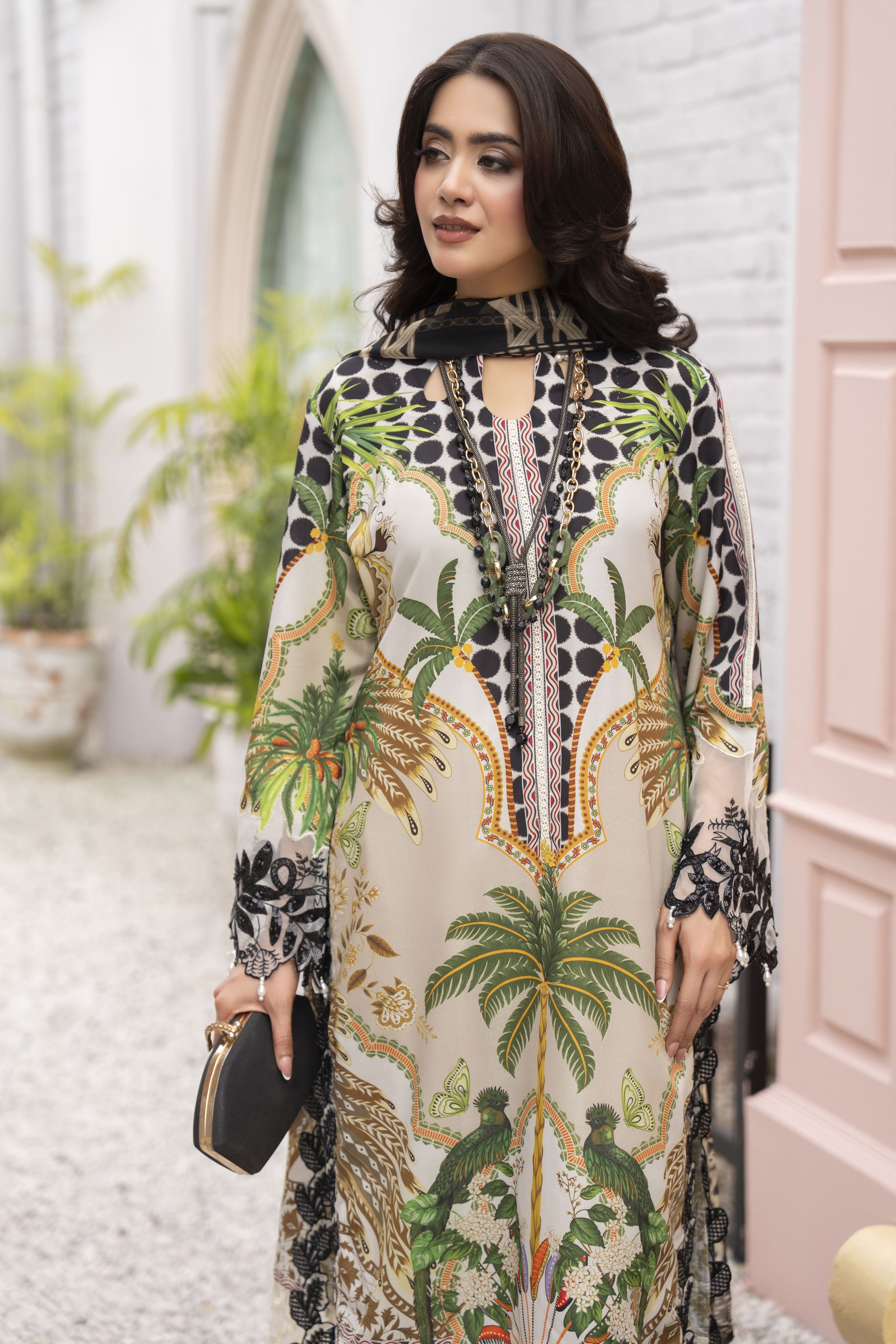 3pc Printed & Embroidered Lawn Suit with Chiffon Dupatta RES2