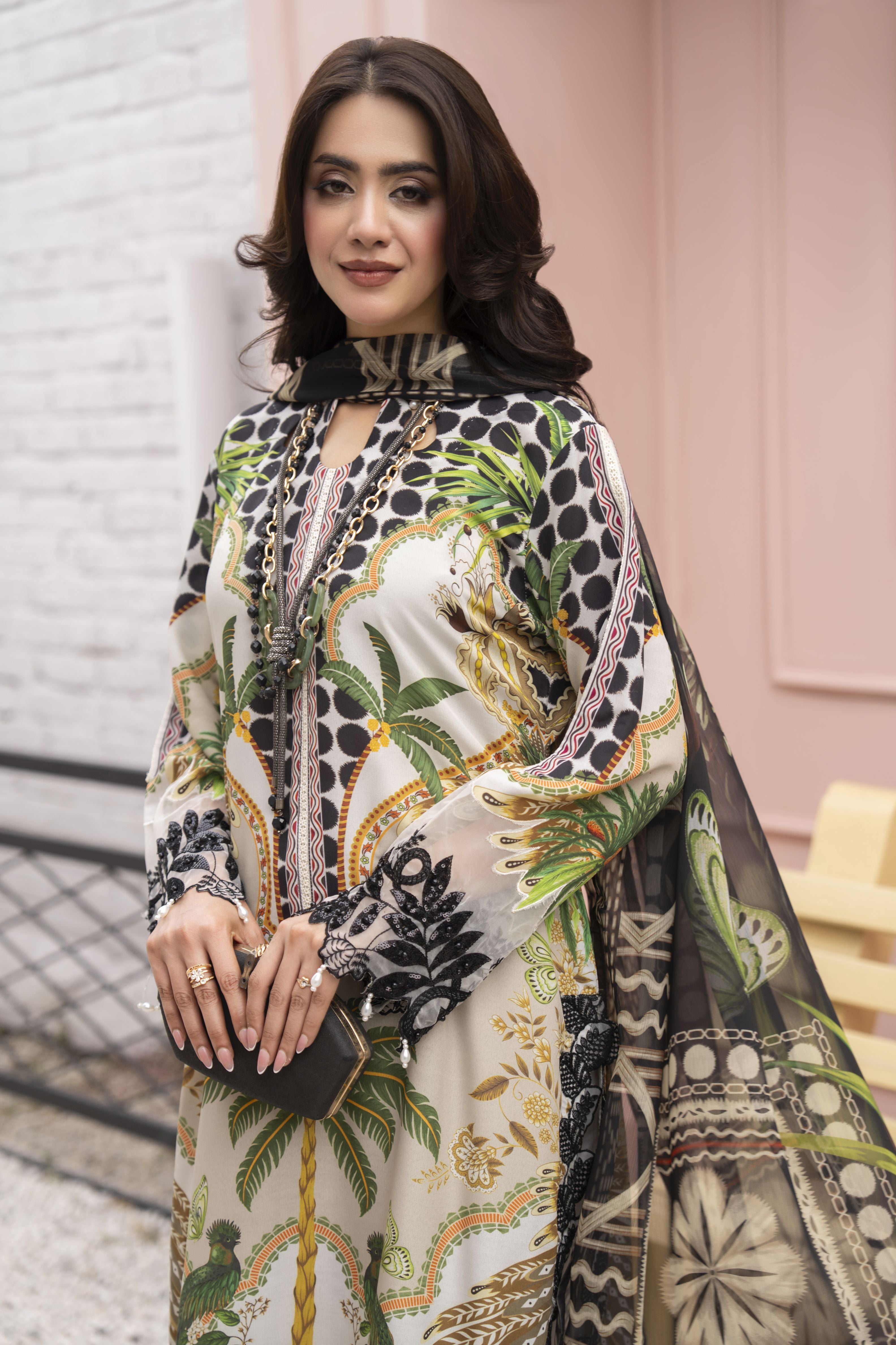 3pc Printed & Embroidered Lawn Suit with Chiffon Dupatta RES2