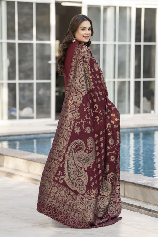 Maroon Dhanak Winter Outfit & Multani Shawl by Gul Warun GSR1