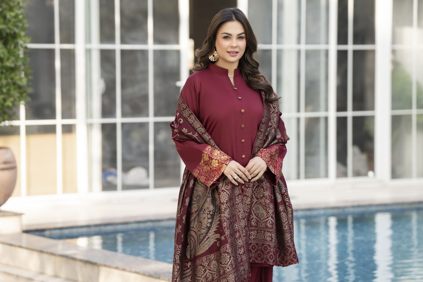 Maroon Dhanak Winter Outfit & Multani Shawl by Gul Warun GSR1