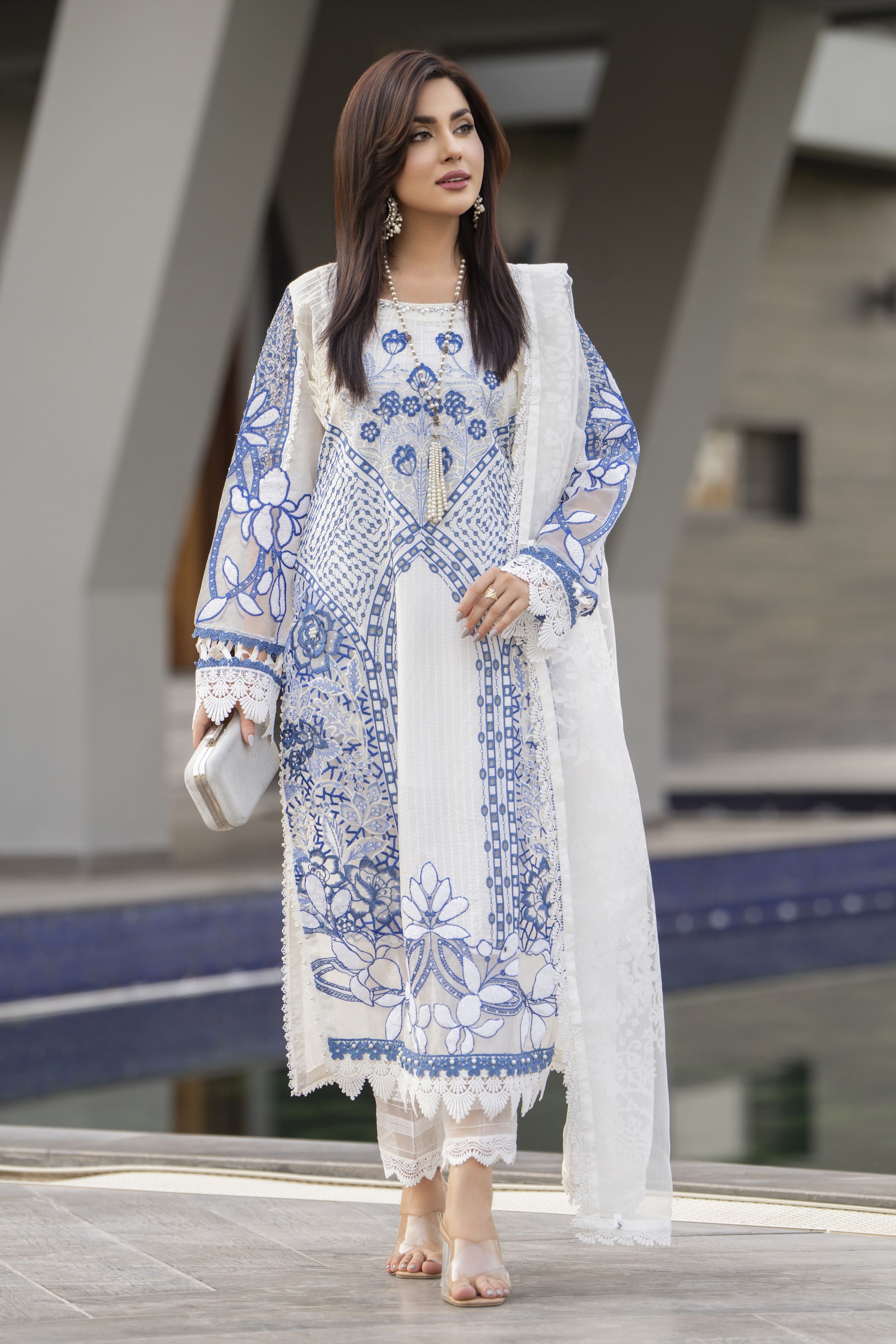 Raabtaa – A Silver Affair | Blue & White Chikankari Lawn Womenswear SRS01