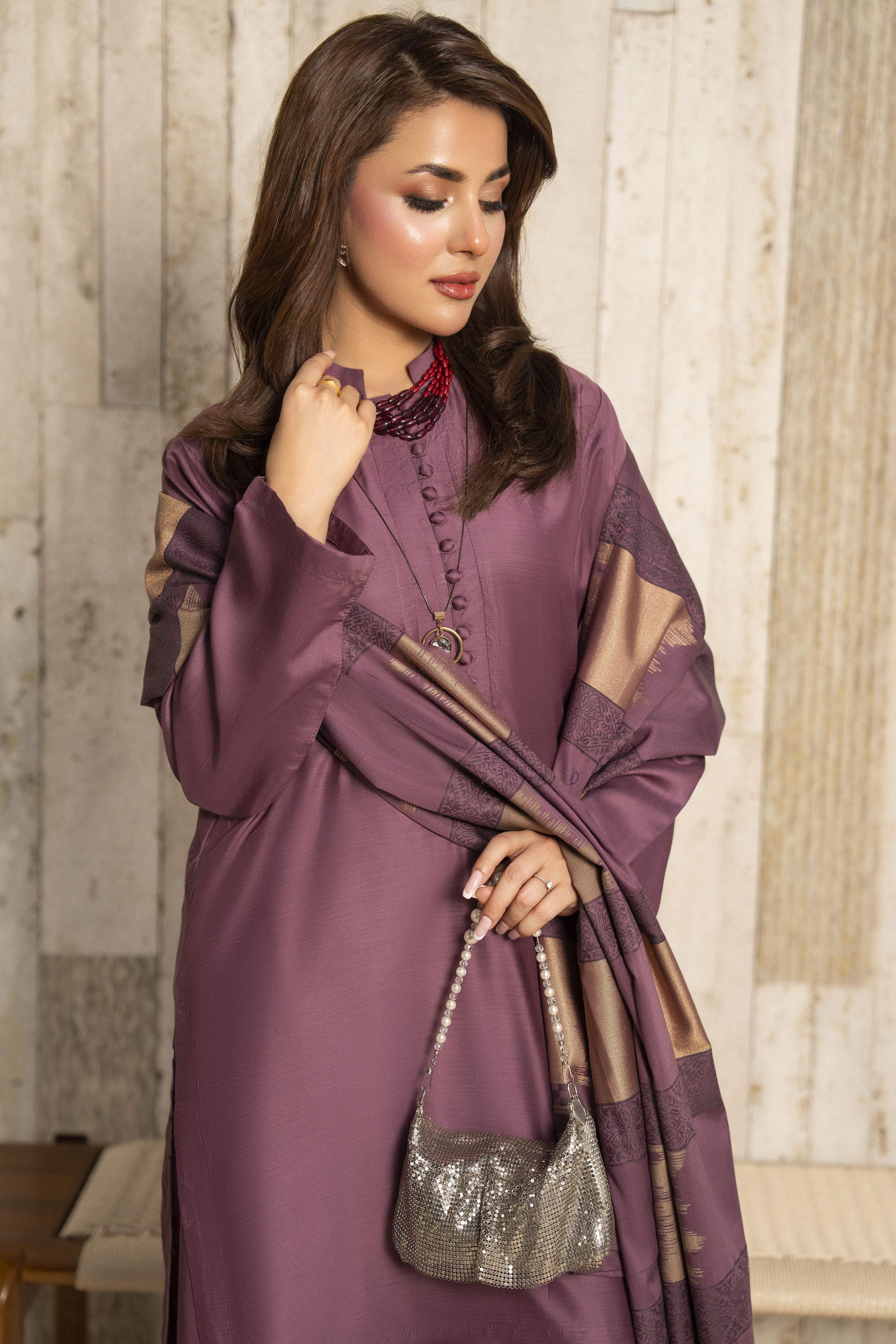 Aleezay 3pc Mauve Purple Viscose Suit with Jacquard Dupatta – JAL3