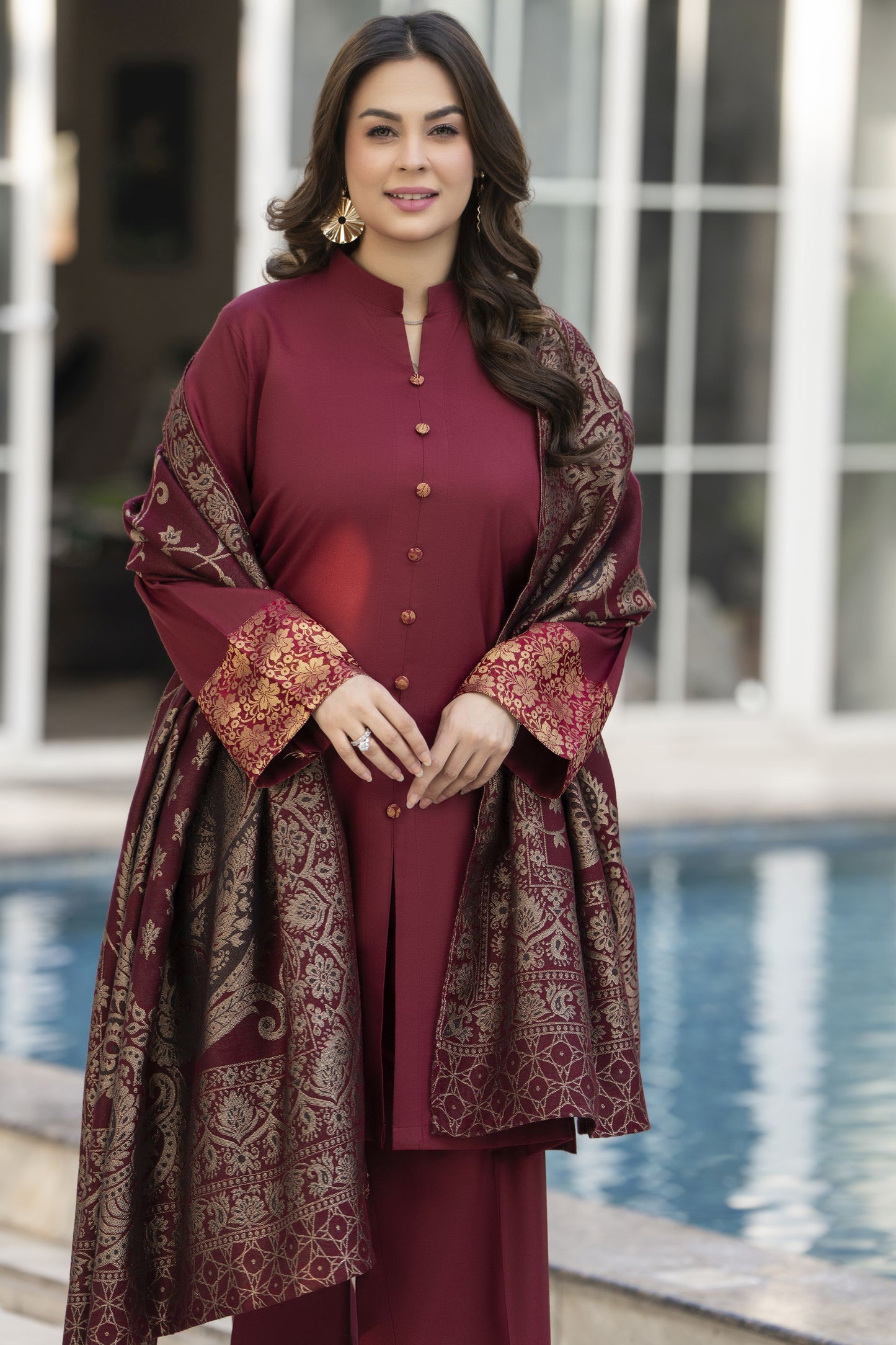 Maroon Dhanak Winter Outfit & Multani Shawl by Gul Warun GSR1