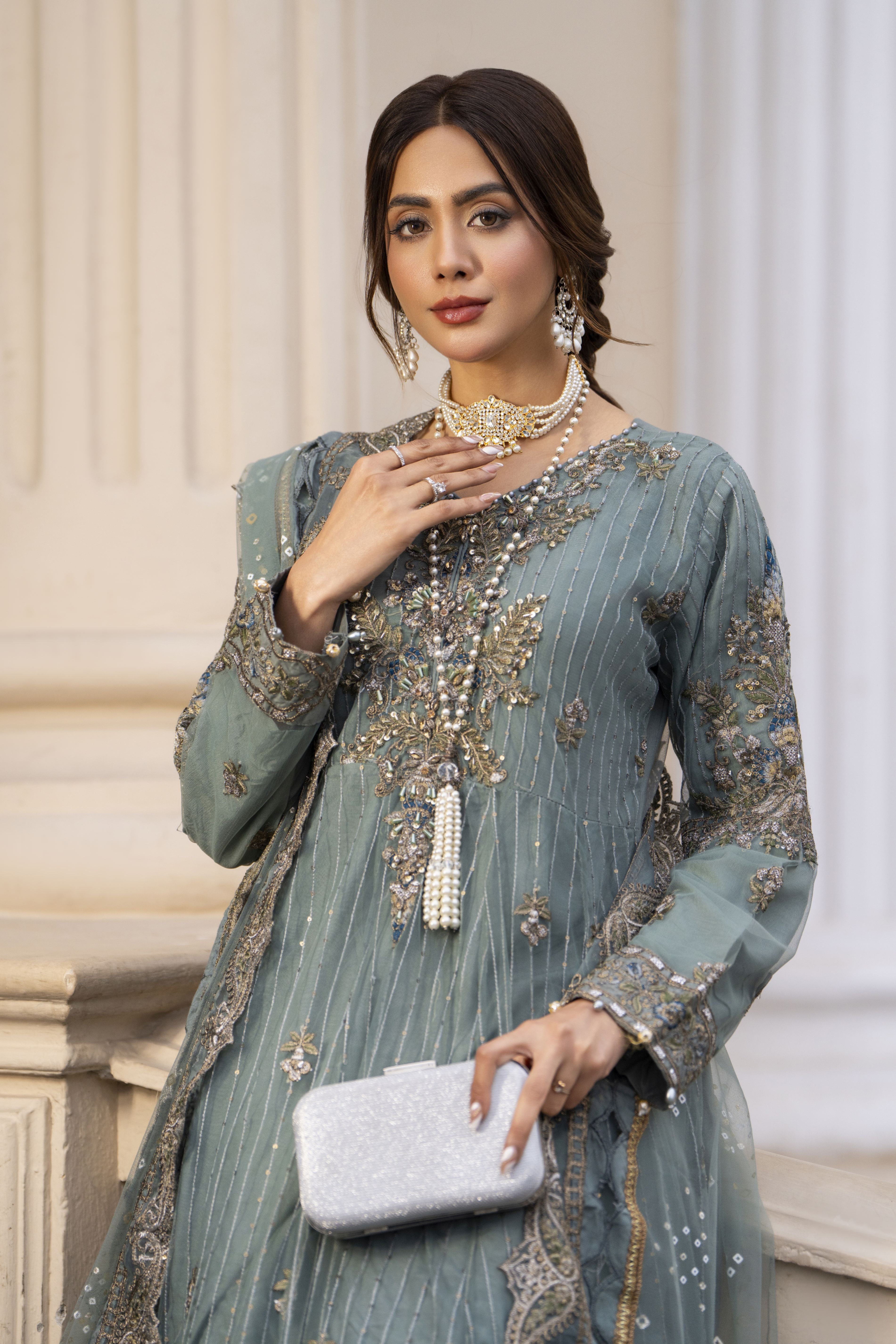 Zaiwaraat by Arwah Embroidered Net Frock with Crushed Sharara & Cutwork Dupatta ZWR01