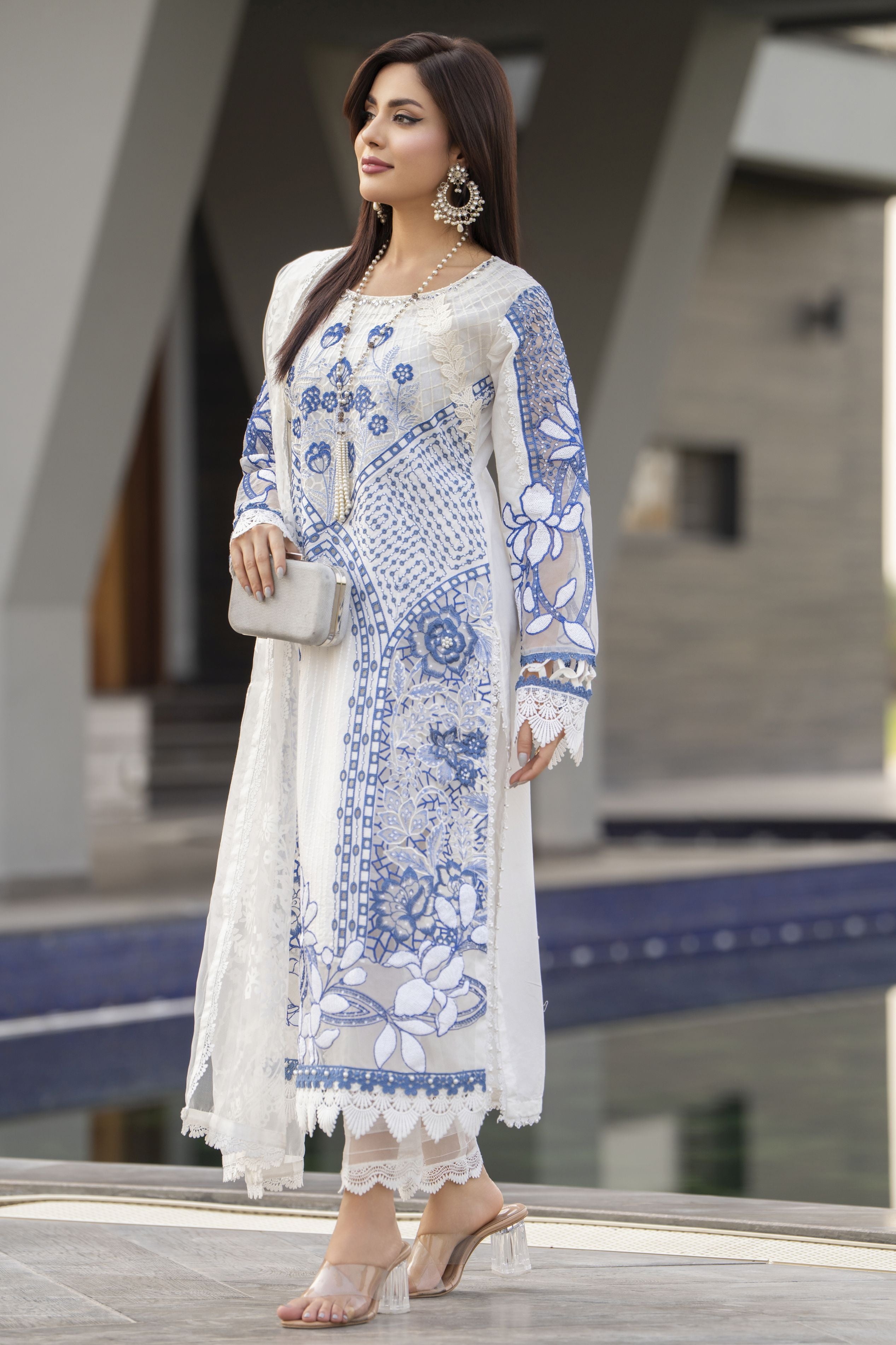 Raabtaa – A Silver Affair | Blue & White Chikankari Lawn Womenswear SRS01