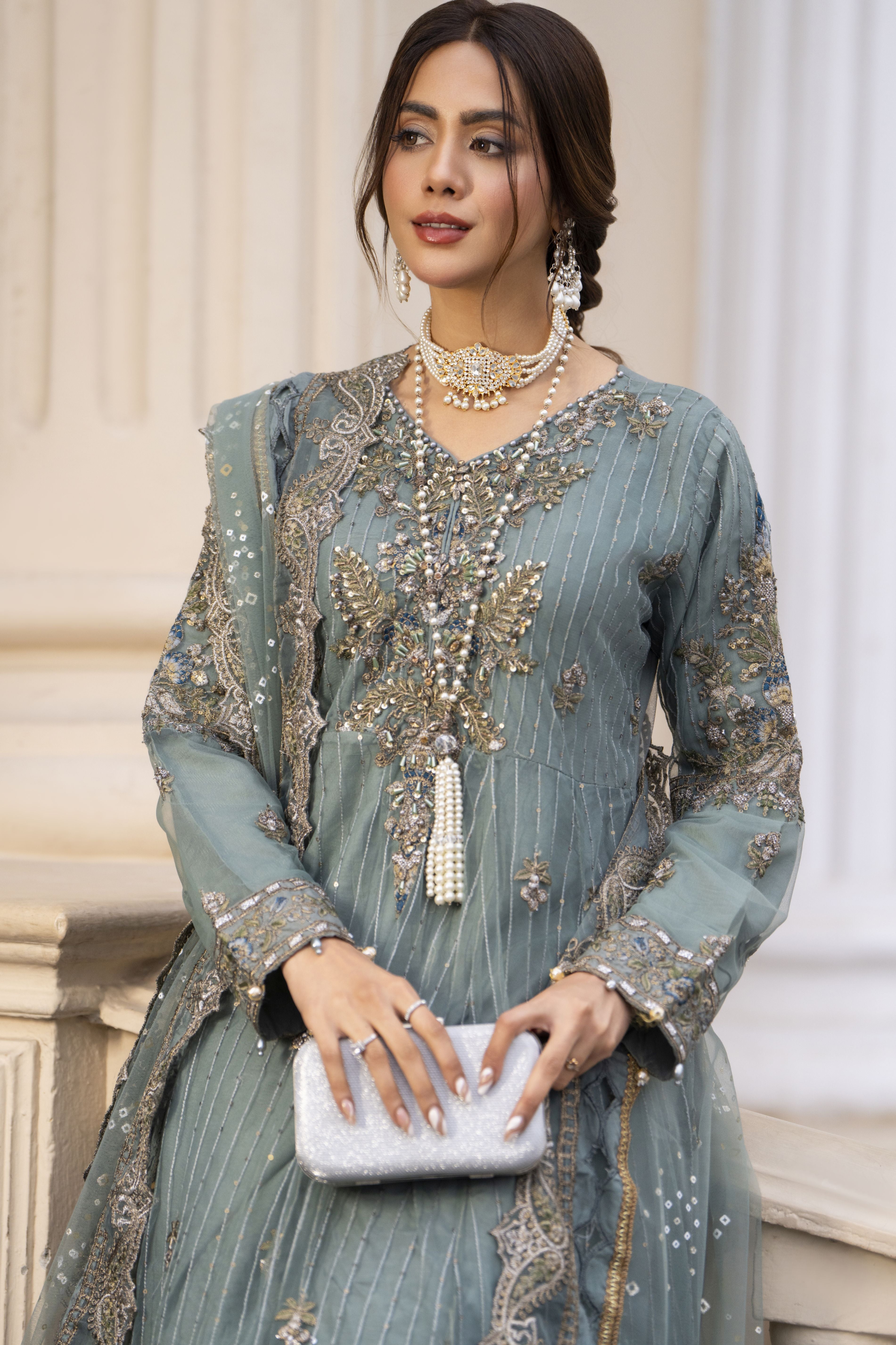 Zaiwaraat by Arwah Embroidered Net Frock with Crushed Sharara & Cutwork Dupatta ZWR01