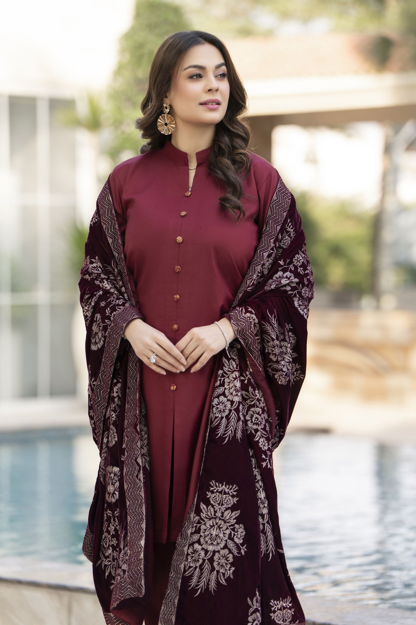 Embroidered Velvet Shawl for Women – Maroon VS1