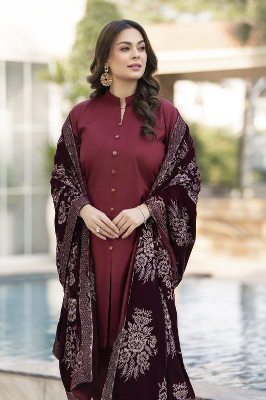 Embroidered Velvet Shawl for Women – Maroon VS1