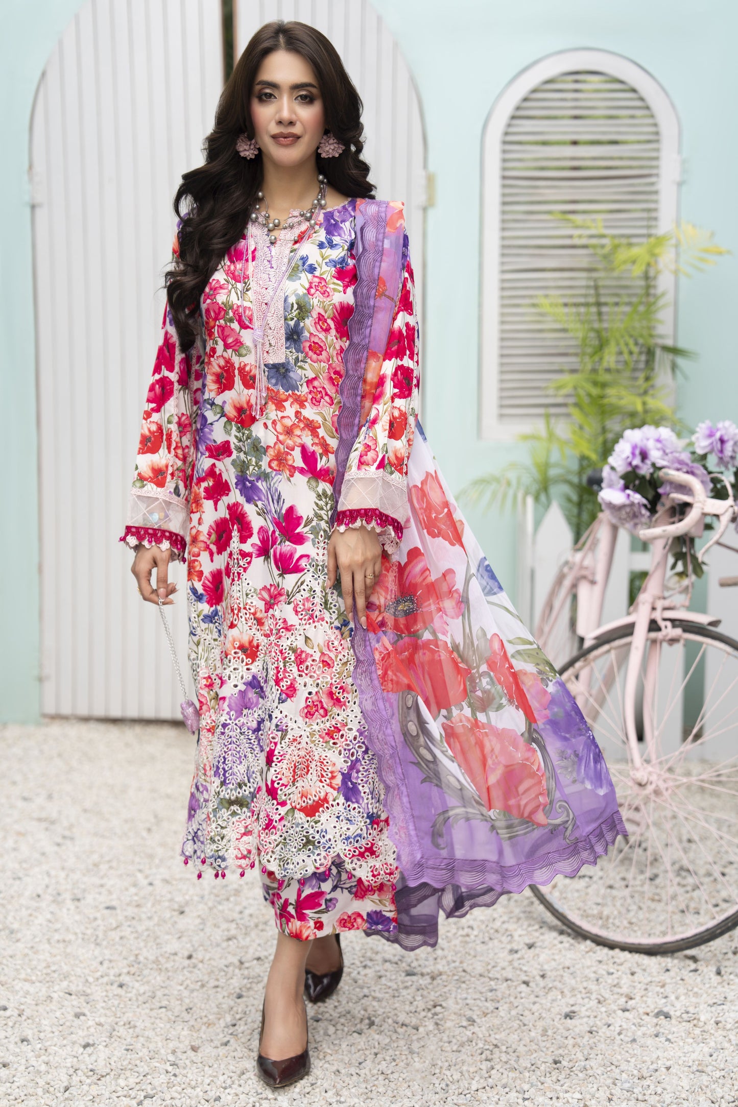 3pc Printed & Chikankari Embroidered Lawn Suit with Chiffon Dupatta RES6