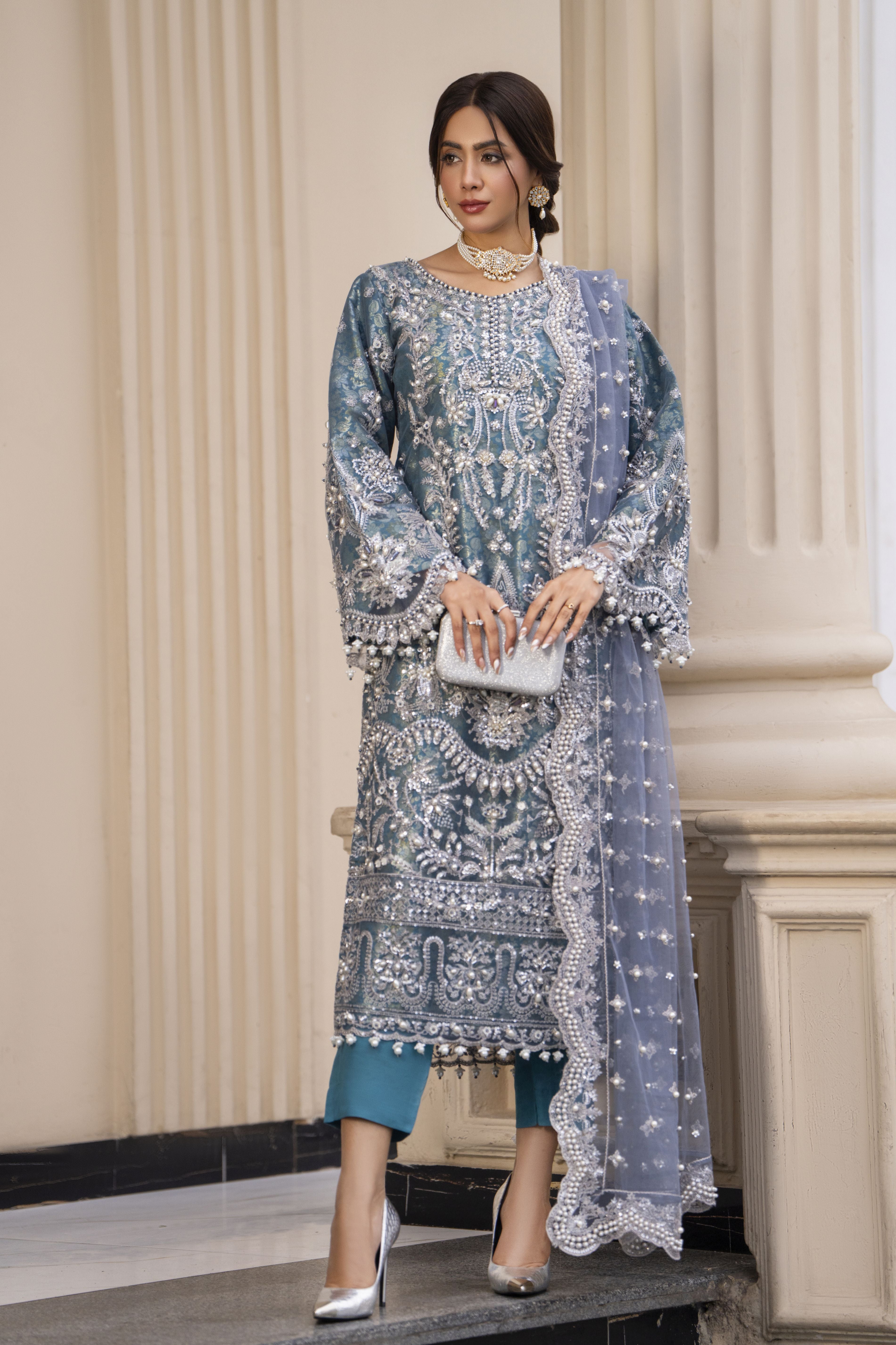 Zaiwaraat by Arwah Embroidered Net Shirt with Straight Trousers & Pearl Embellished Dupatta ZWR04