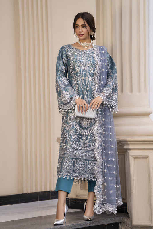 Zaiwaraat by Arwah Embroidered Net Shirt with Straight Trousers & Pearl Embellished Dupatta ZWR04