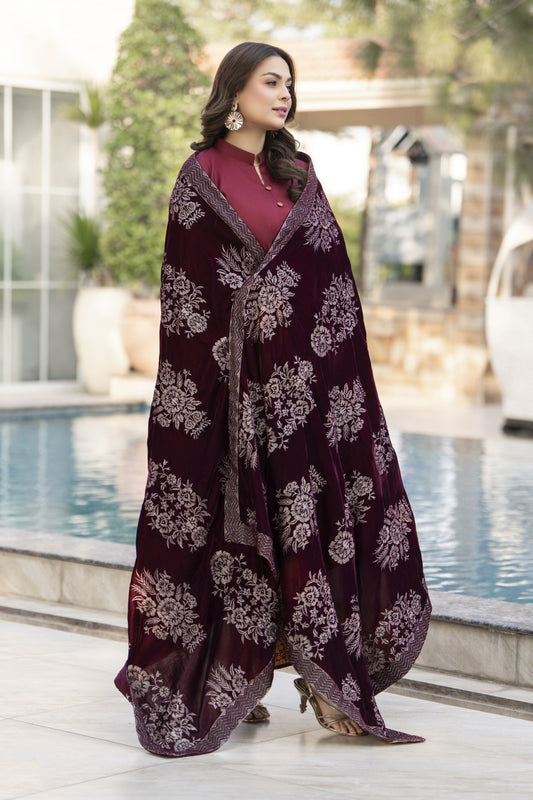 Embroidered Velvet Shawl for Women – Maroon VS1
