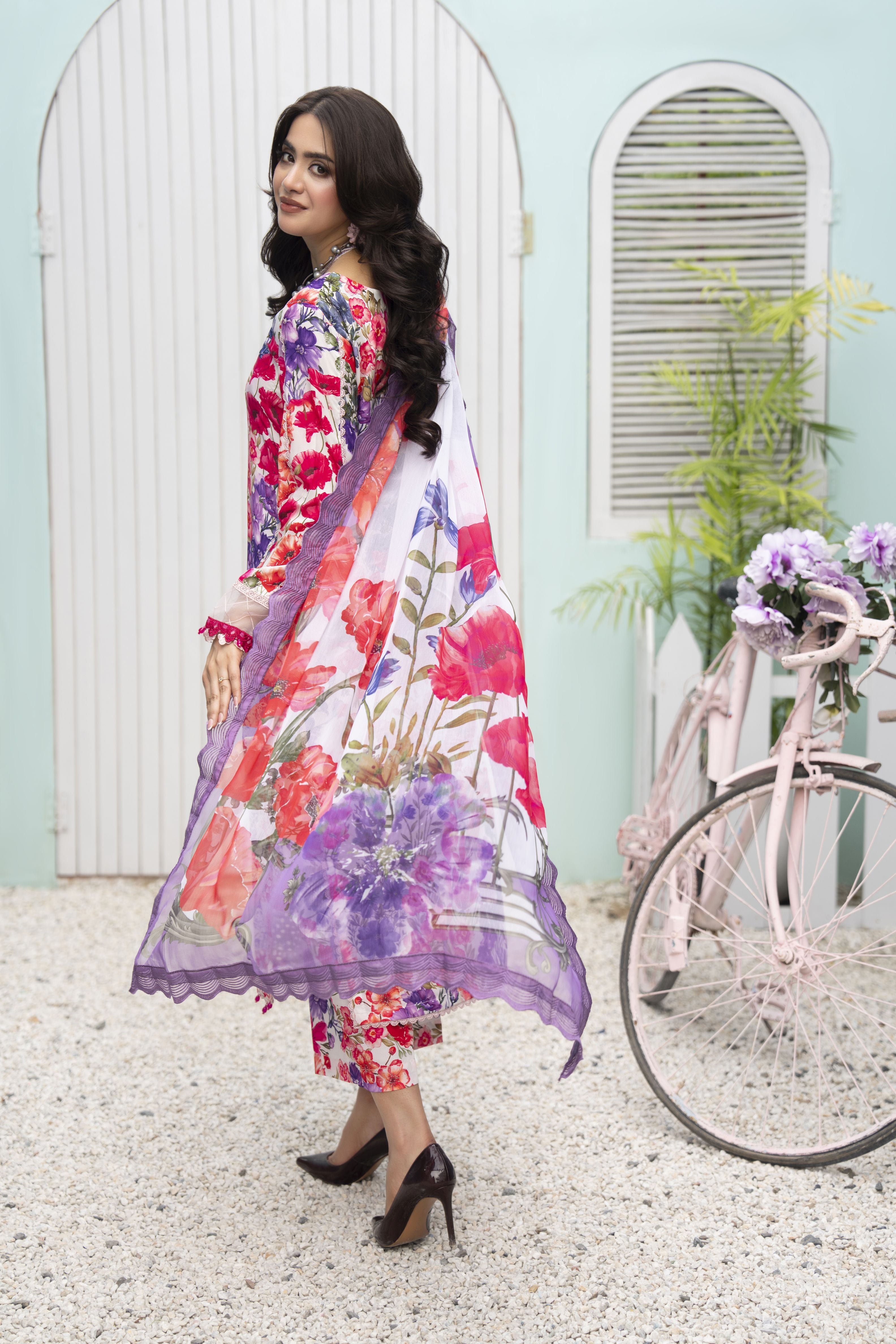 3pc Printed & Chikankari Embroidered Lawn Suit with Chiffon Dupatta RES6