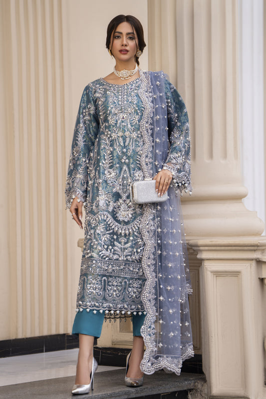 Zaiwaraat by Arwah Embroidered Net Shirt with Straight Trousers & Pearl Embellished Dupatta ZWR04