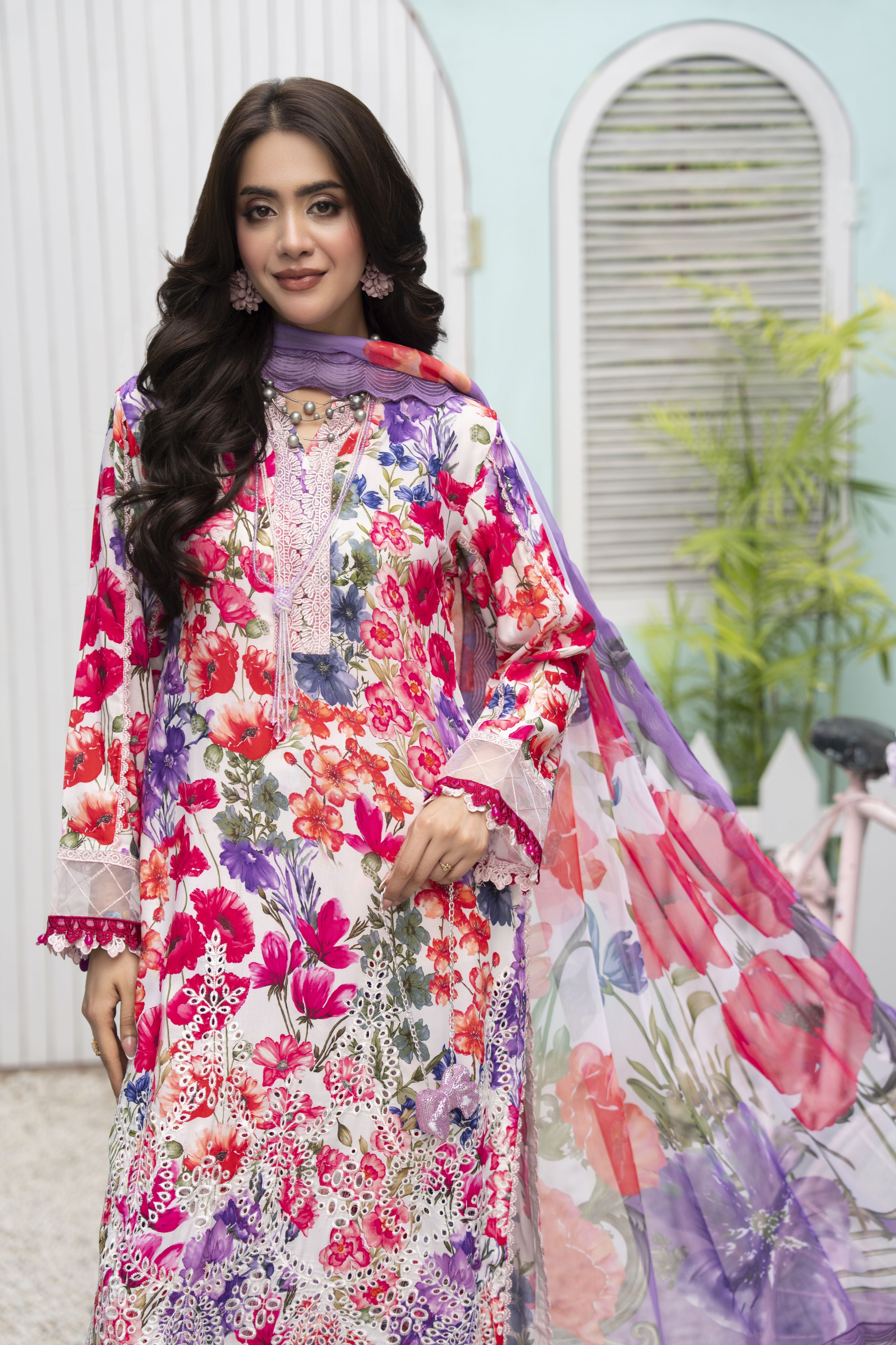 3pc Printed & Chikankari Embroidered Lawn Suit with Chiffon Dupatta RES6