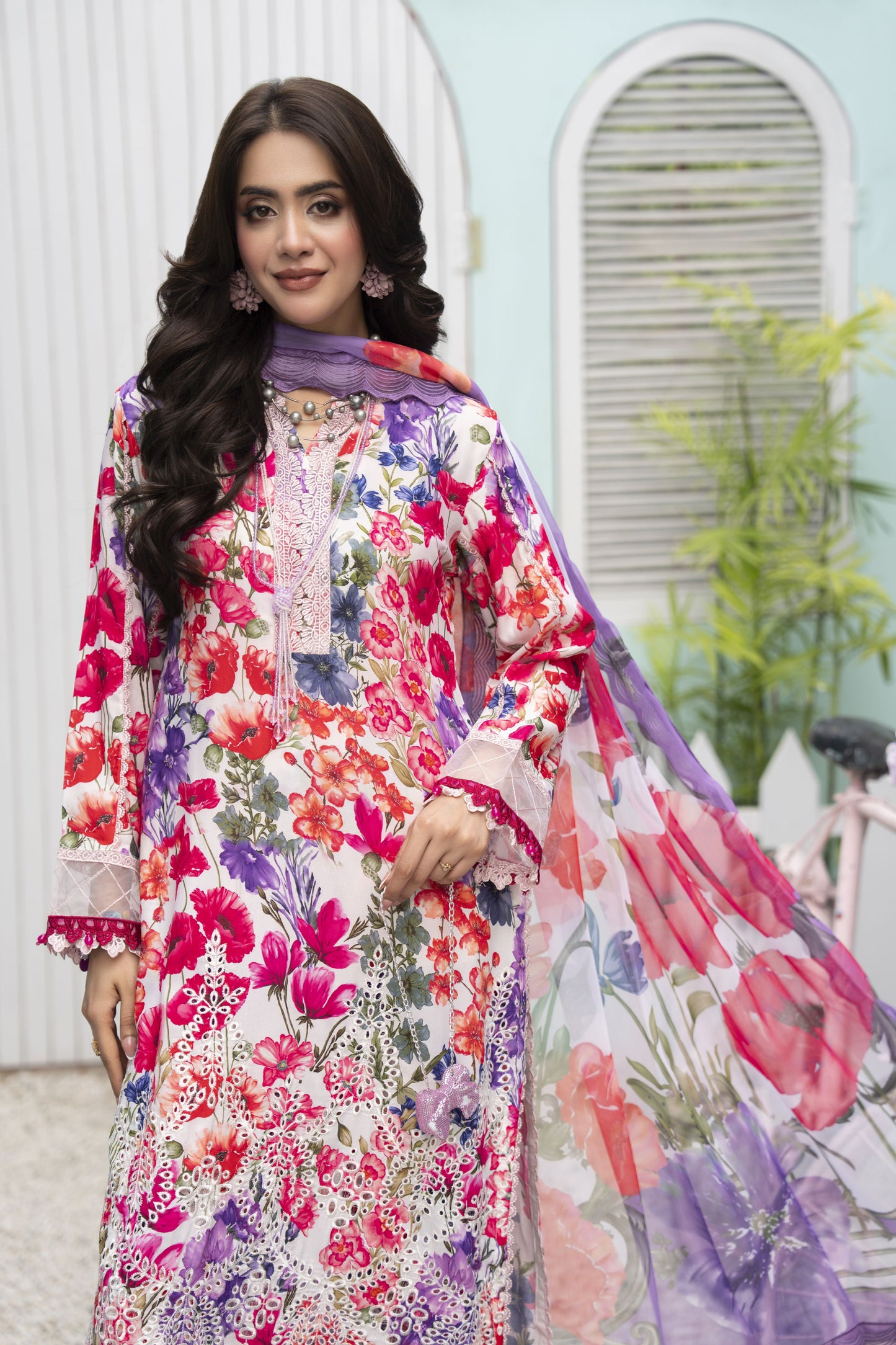 3pc Printed & Chikankari Embroidered Lawn Suit with Chiffon Dupatta RES6