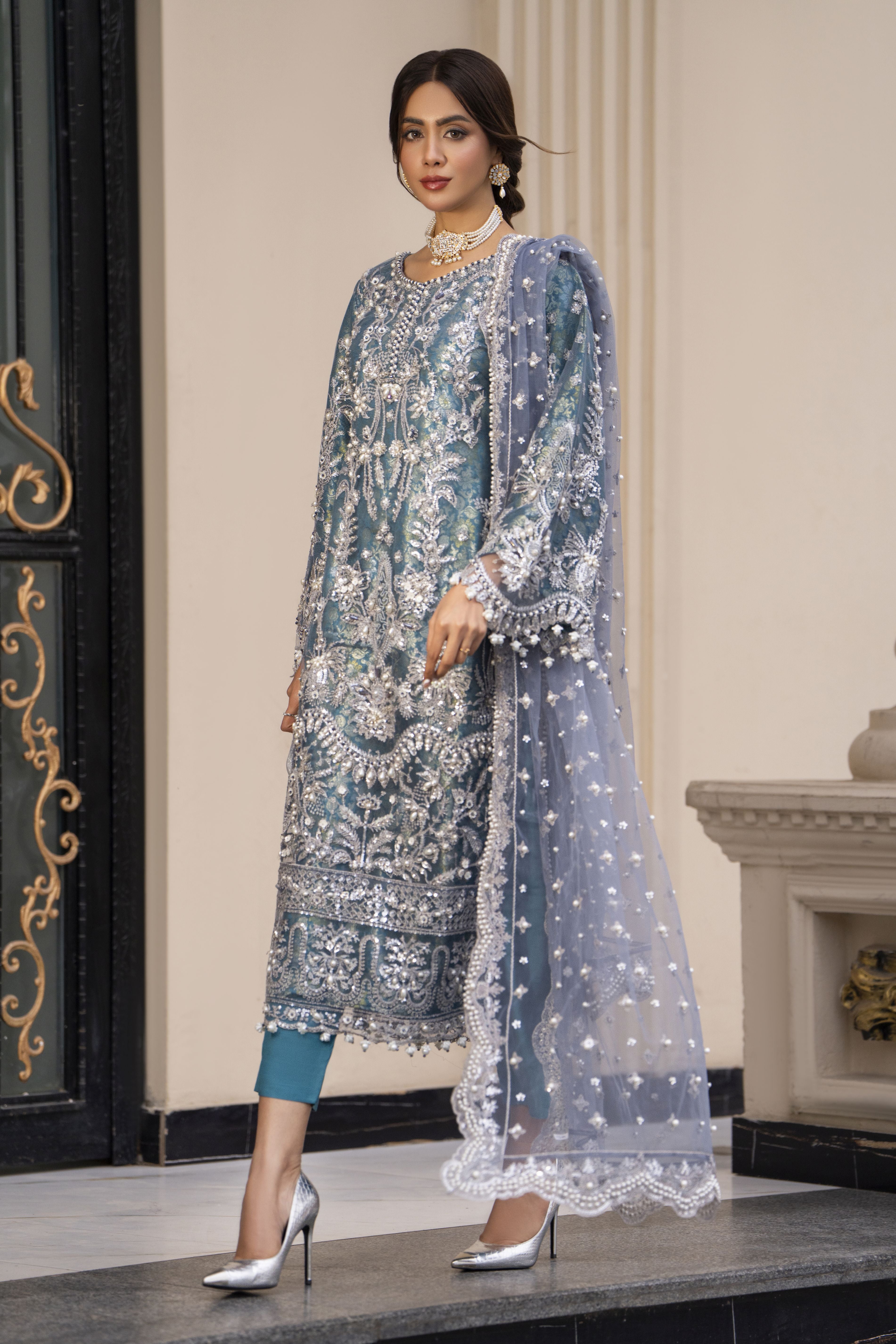 Zaiwaraat by Arwah Embroidered Net Shirt with Straight Trousers & Pearl Embellished Dupatta ZWR04