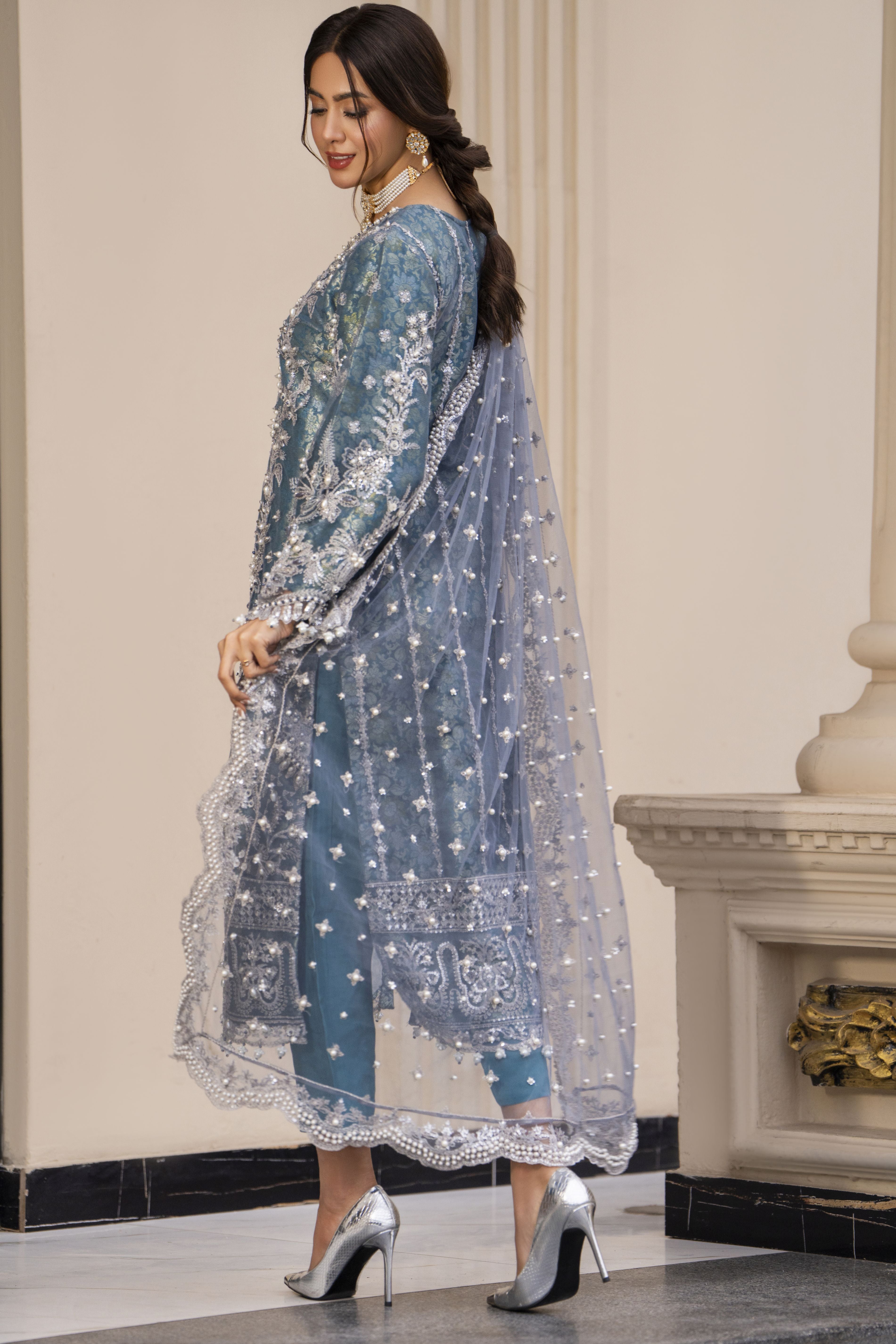 Zaiwaraat by Arwah Embroidered Net Shirt with Straight Trousers & Pearl Embellished Dupatta ZWR04