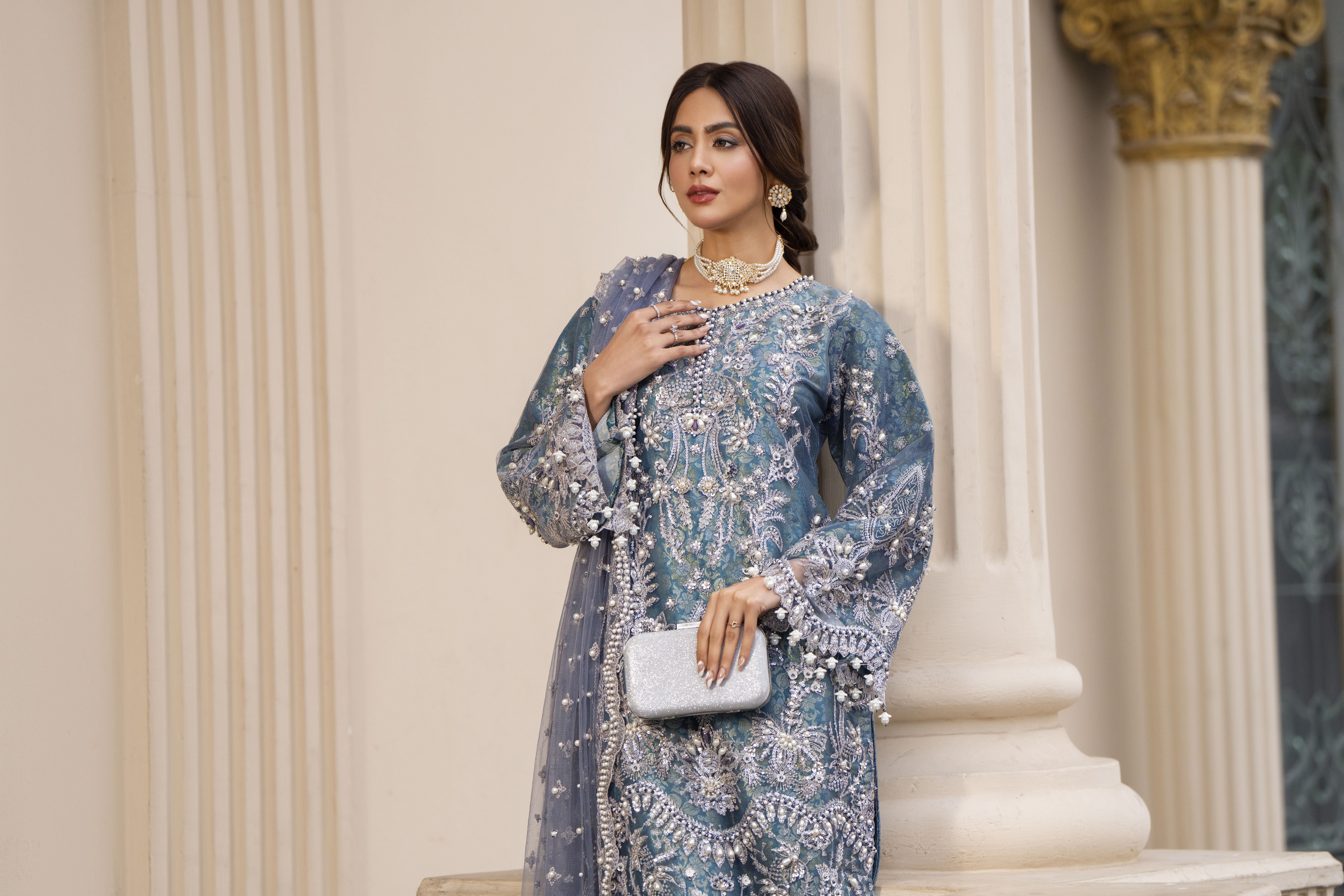 Zaiwaraat by Arwah Embroidered Net Shirt with Straight Trousers & Pearl Embellished Dupatta ZWR04