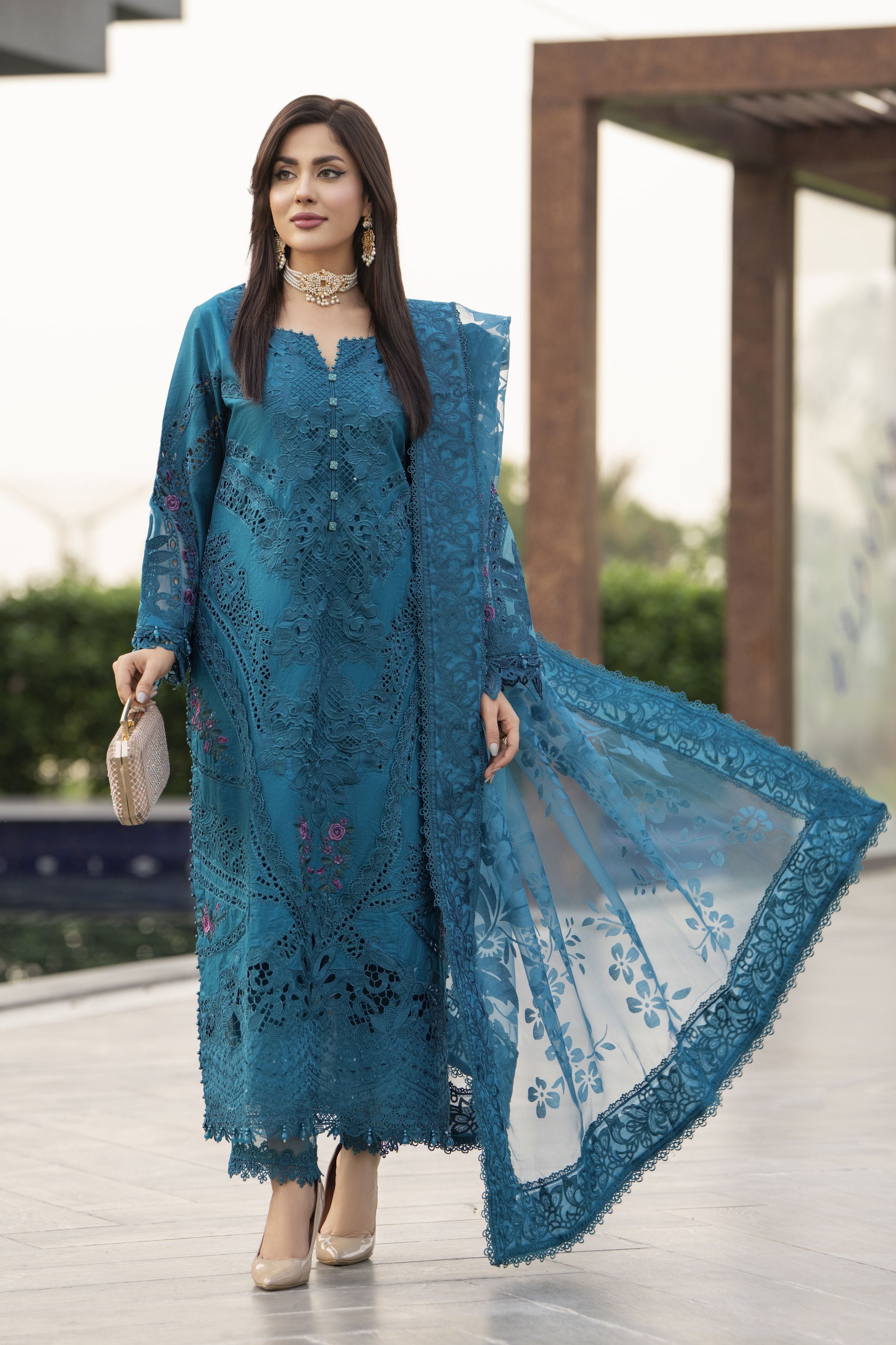 Raabtaa – A Silver Affair | Teal Blue Embroidered Designer Women Suit SRS03