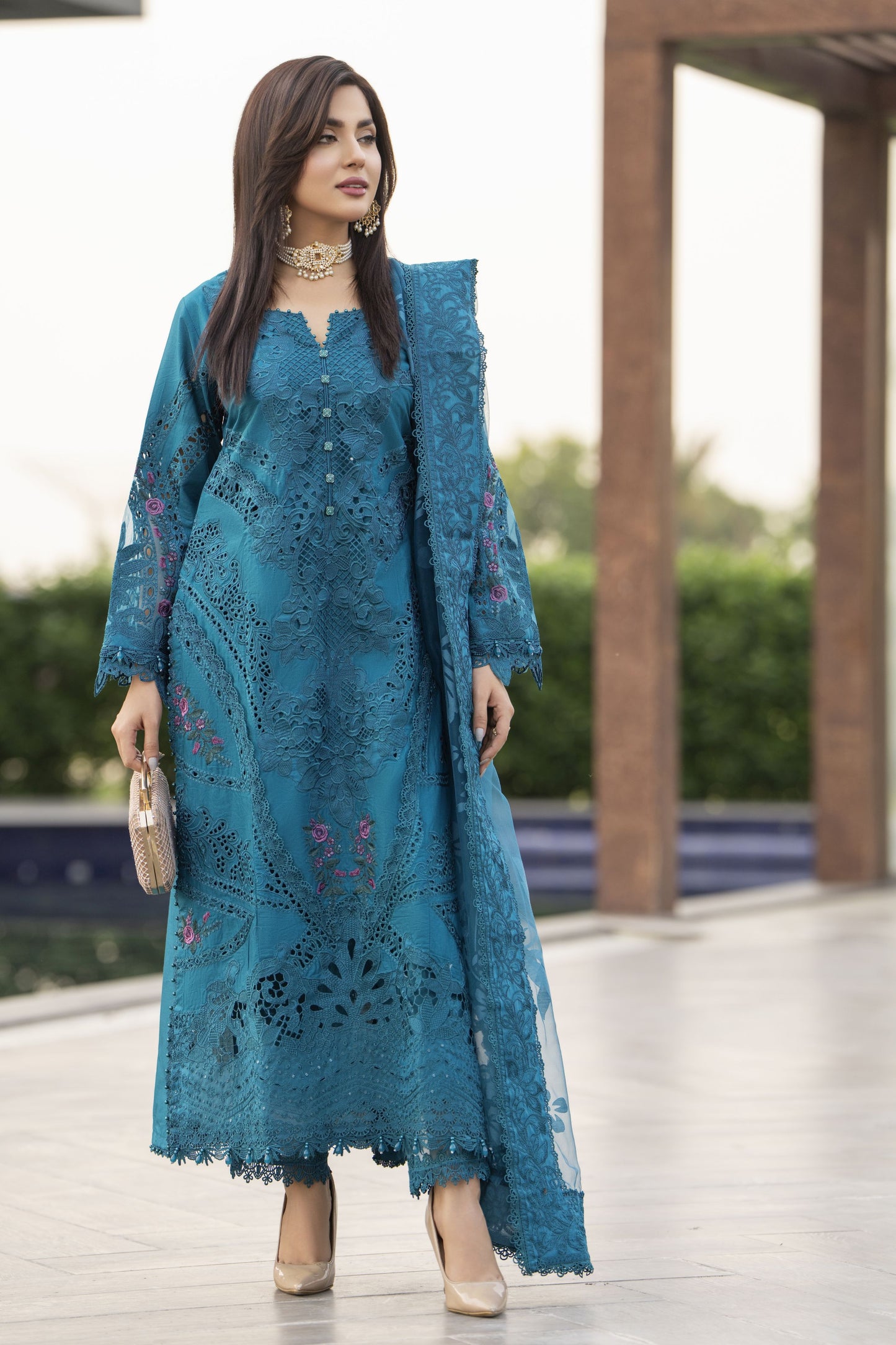 Raabtaa – A Silver Affair | Teal Blue Embroidered Designer Women Suit SRS03