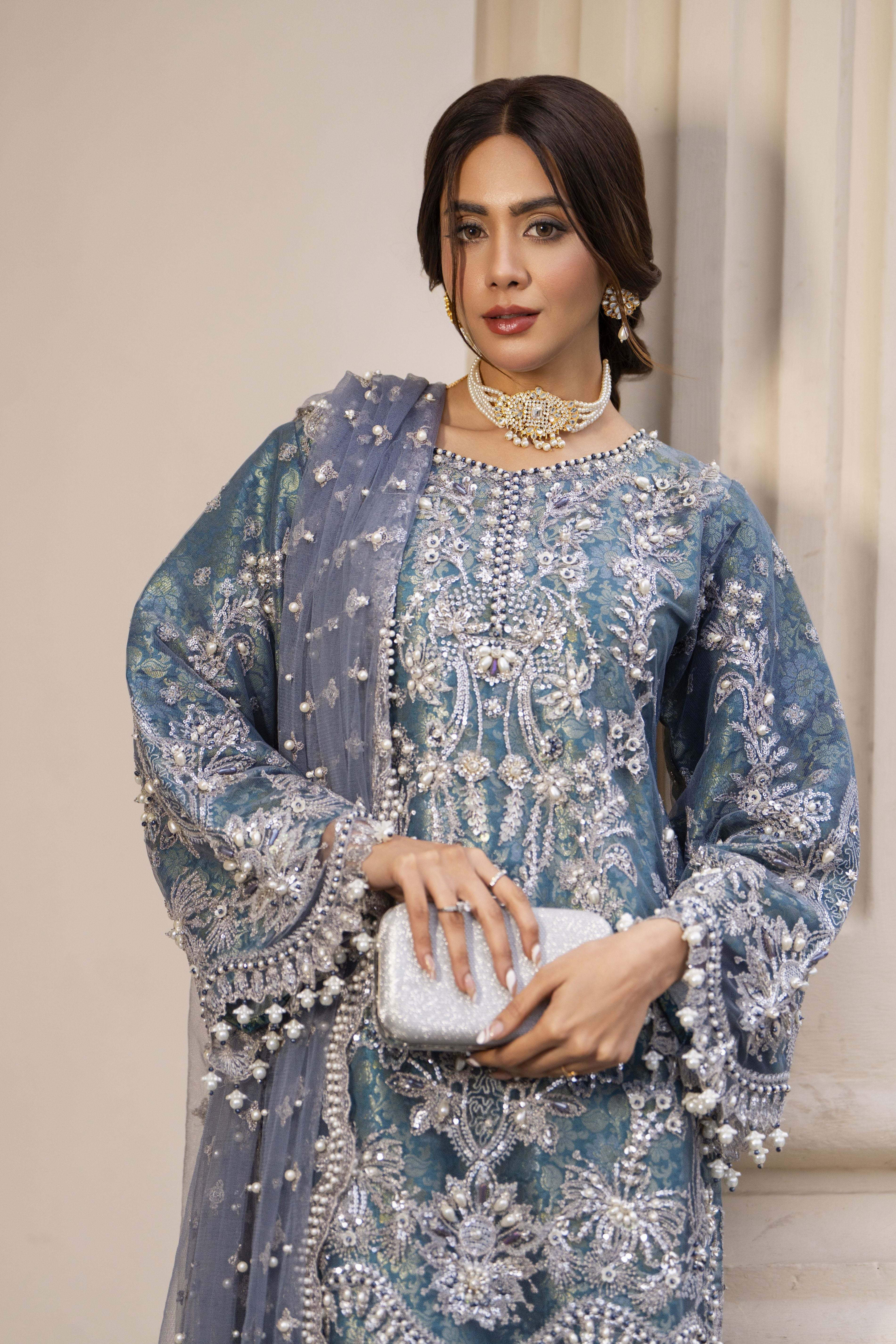 Zaiwaraat by Arwah Embroidered Net Shirt with Straight Trousers & Pearl Embellished Dupatta ZWR04