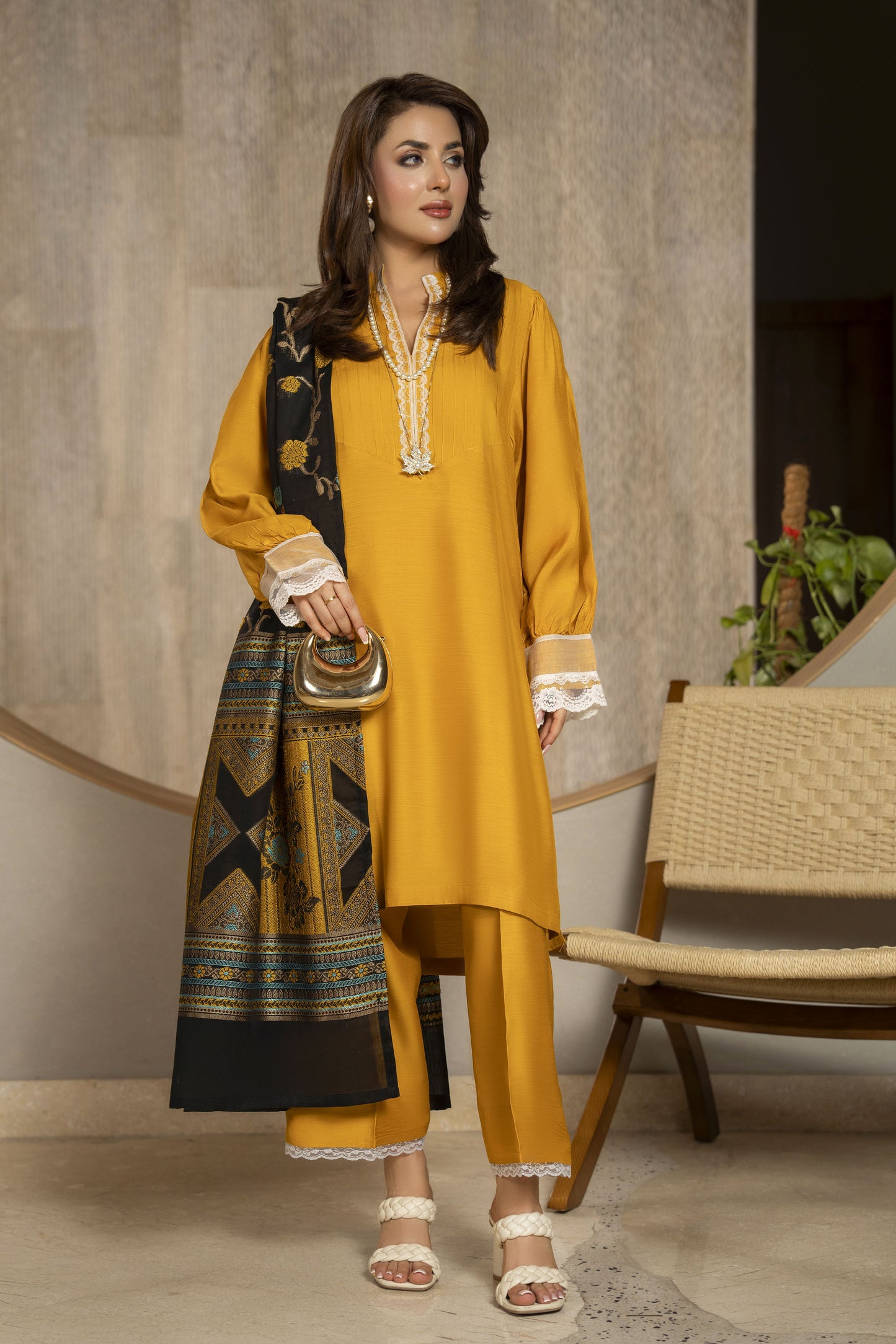 Aleezay 3pc Mustard Viscose Suit with Black Jacquard Dupatta – JAL4