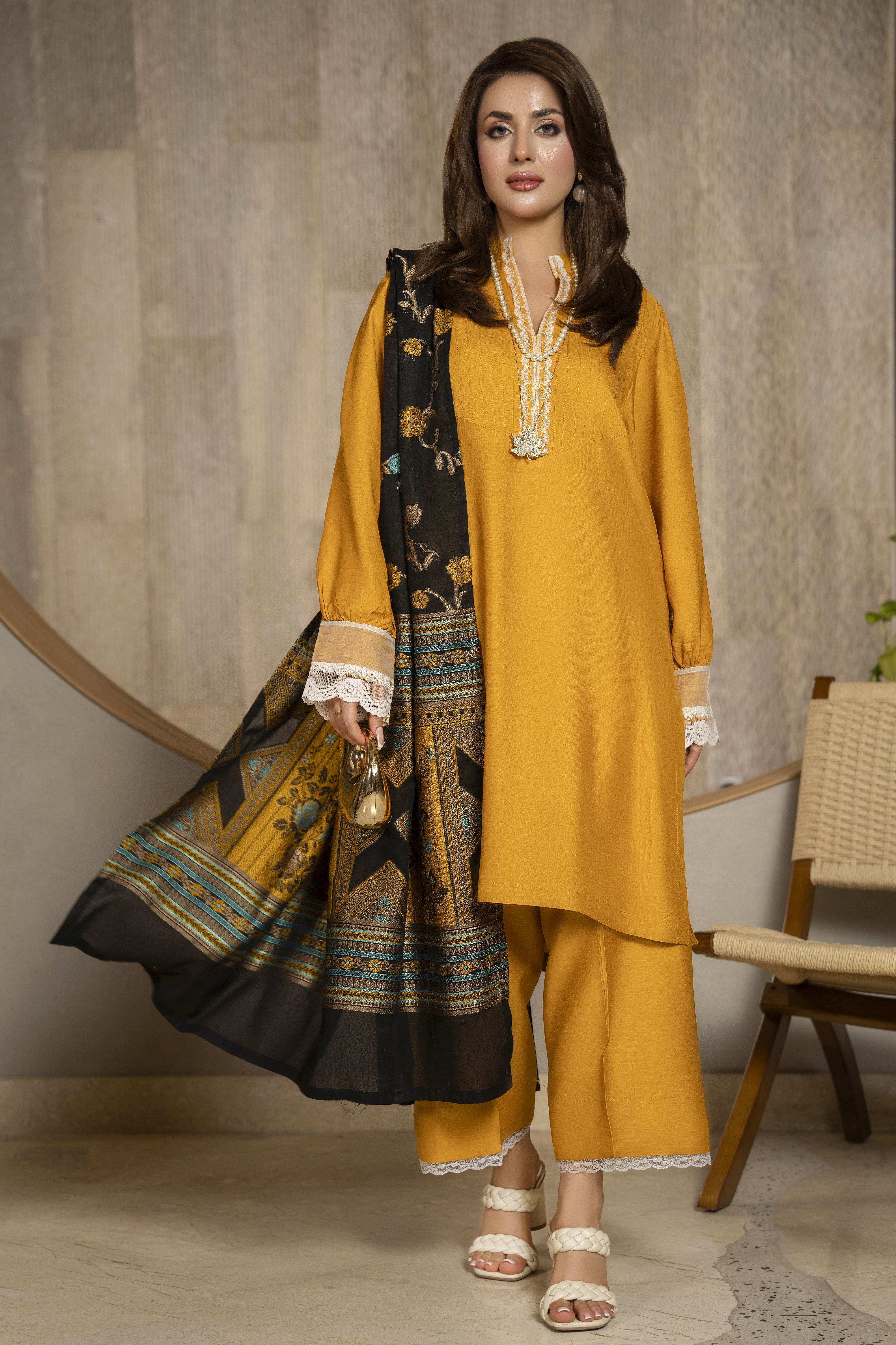 Aleezay 3pc Mustard Viscose Suit with Black Jacquard Dupatta – JAL4