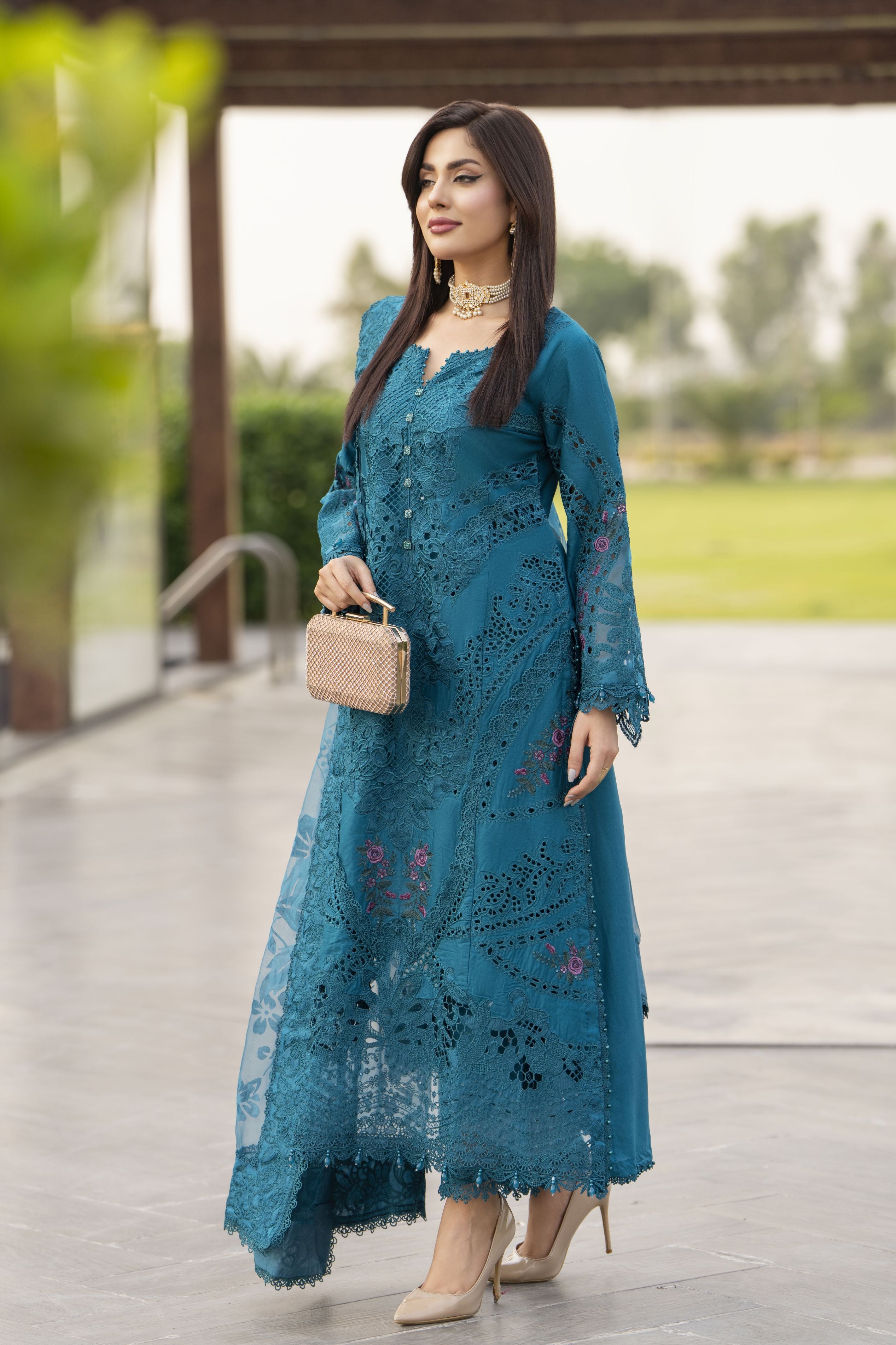 Raabtaa – A Silver Affair | Teal Blue Embroidered Designer Women Suit SRS03