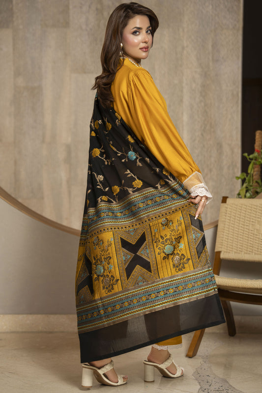 Aleezay 3pc Mustard Viscose Suit with Black Jacquard Dupatta – JAL4
