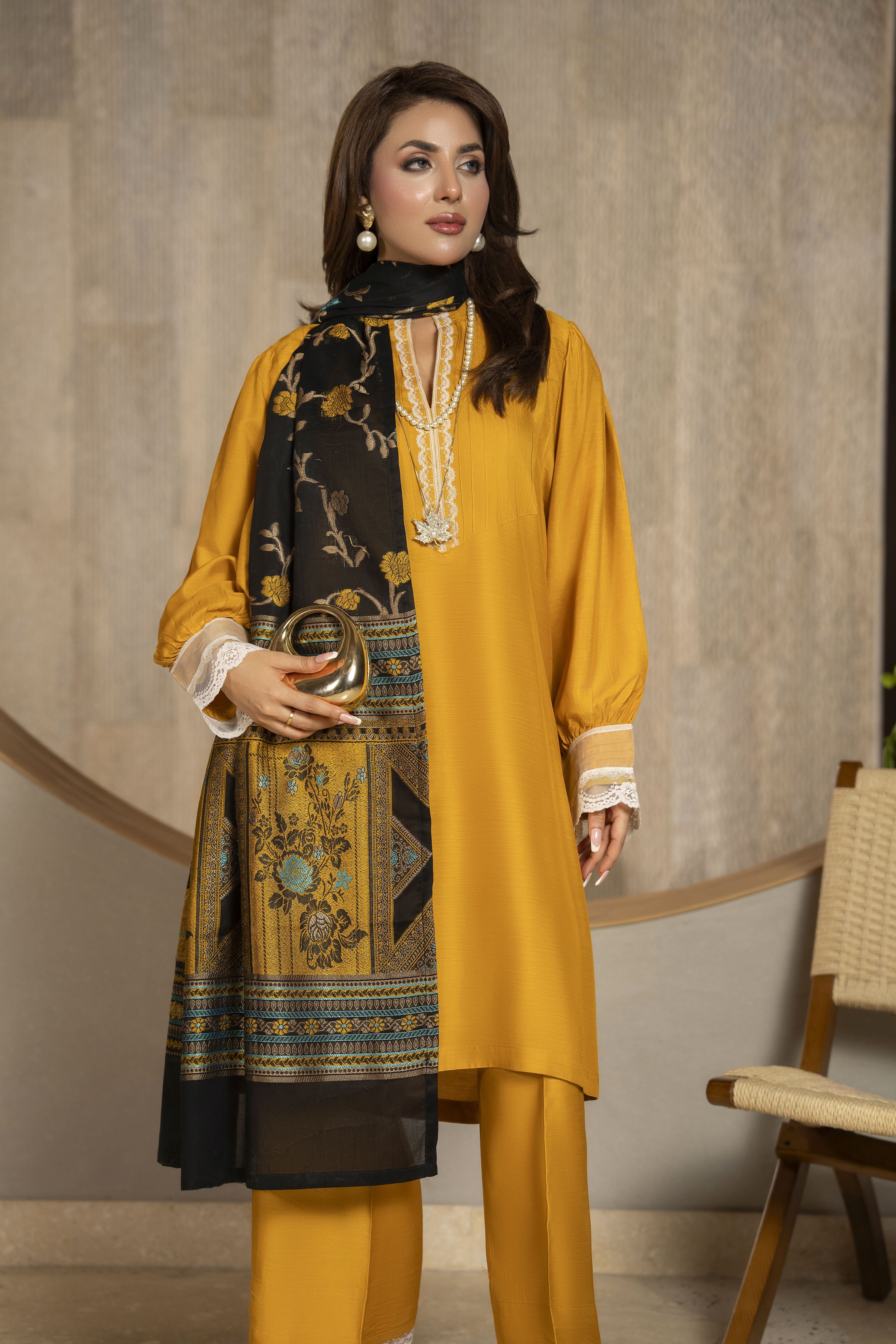 Aleezay 3pc Mustard Viscose Suit with Black Jacquard Dupatta – JAL4