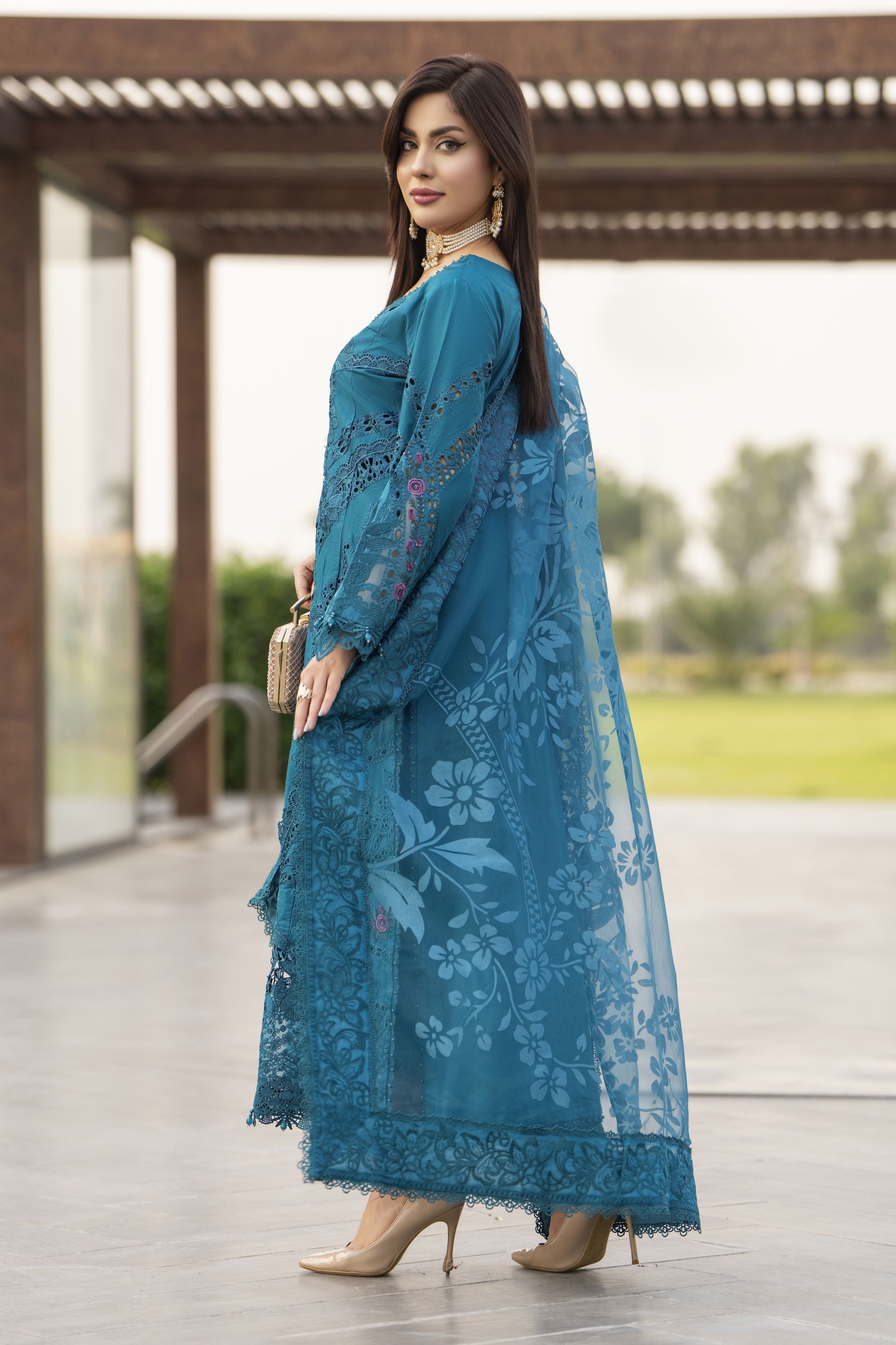 Raabtaa – A Silver Affair | Teal Blue Embroidered Designer Women Suit SRS03