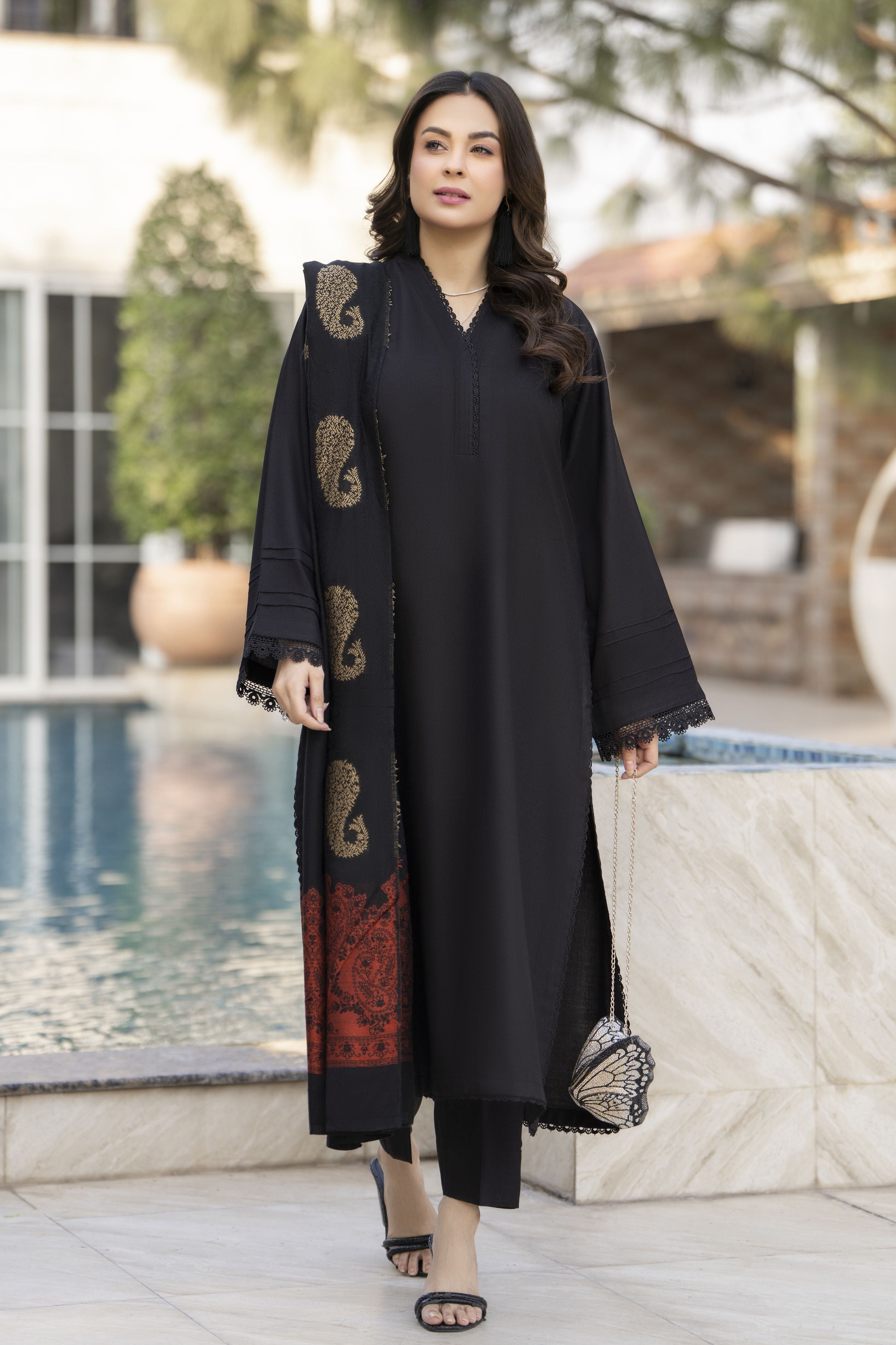 Black Dhanak Long Dress with Multani Winter Shawl by Gul Warun GSR8