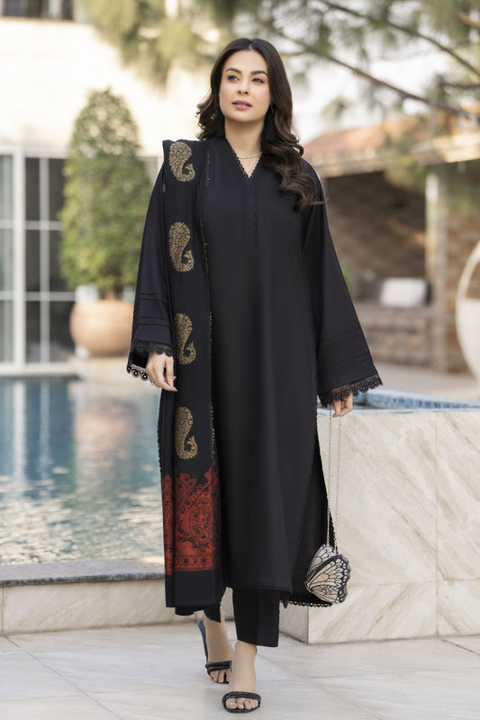 Black Dhanak Long Dress with Multani Winter Shawl by Gul Warun GSR8