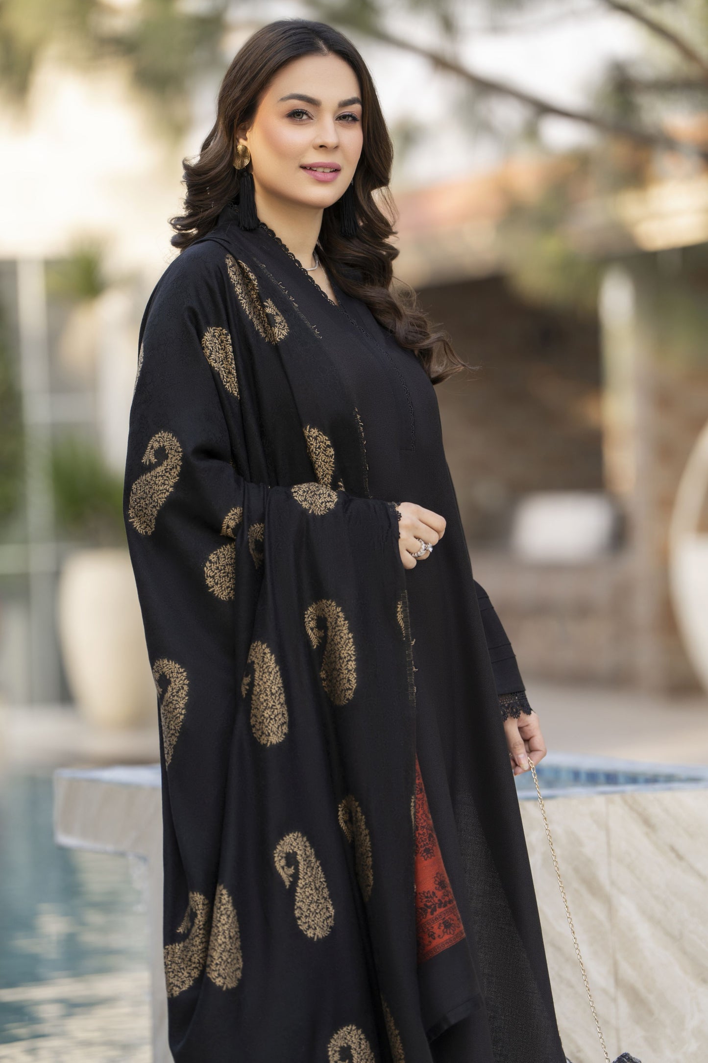 Black Dhanak Long Dress with Multani Winter Shawl by Gul Warun GSR8
