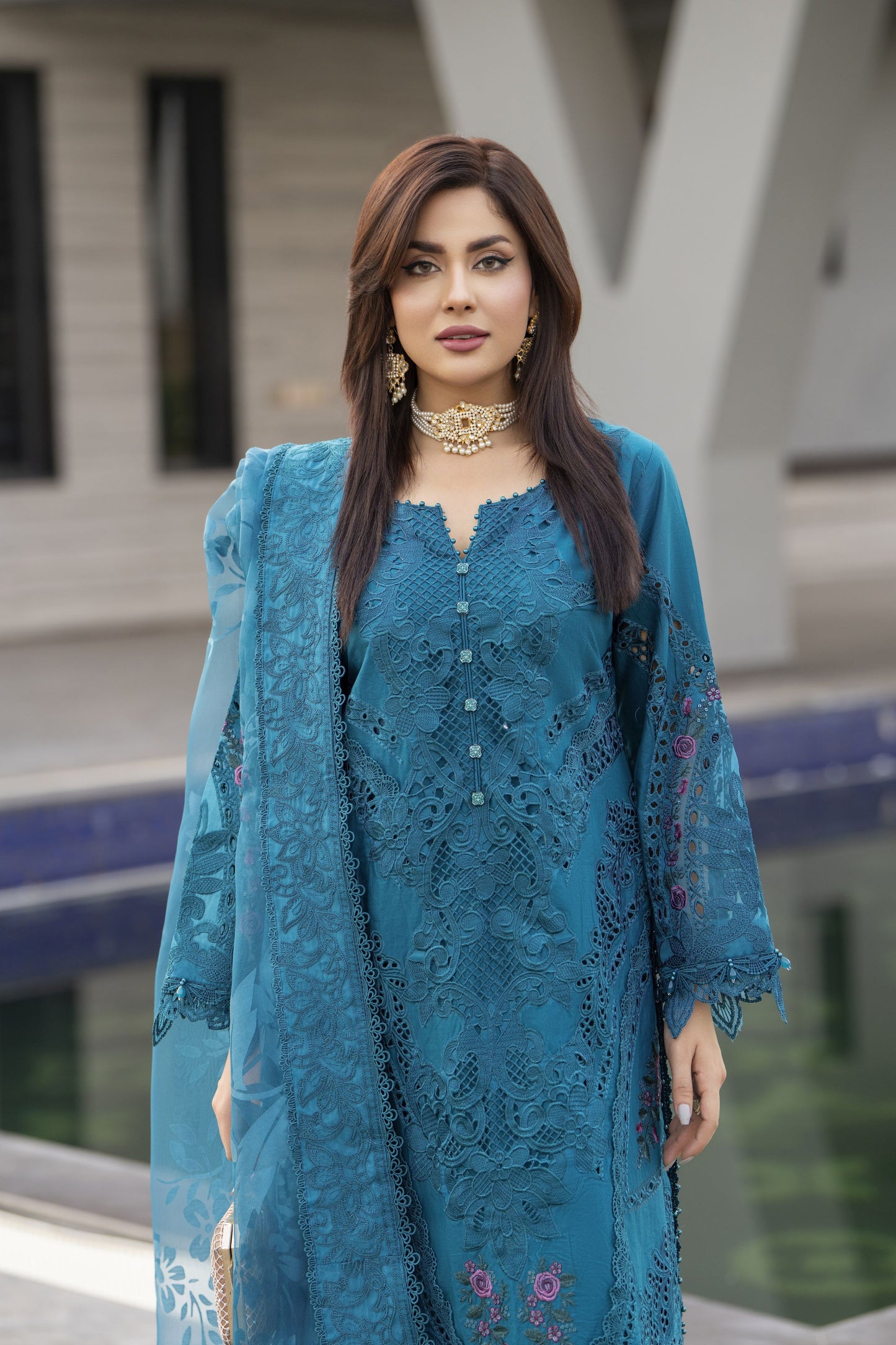 Raabtaa – A Silver Affair | Teal Blue Embroidered Designer Women Suit SRS03