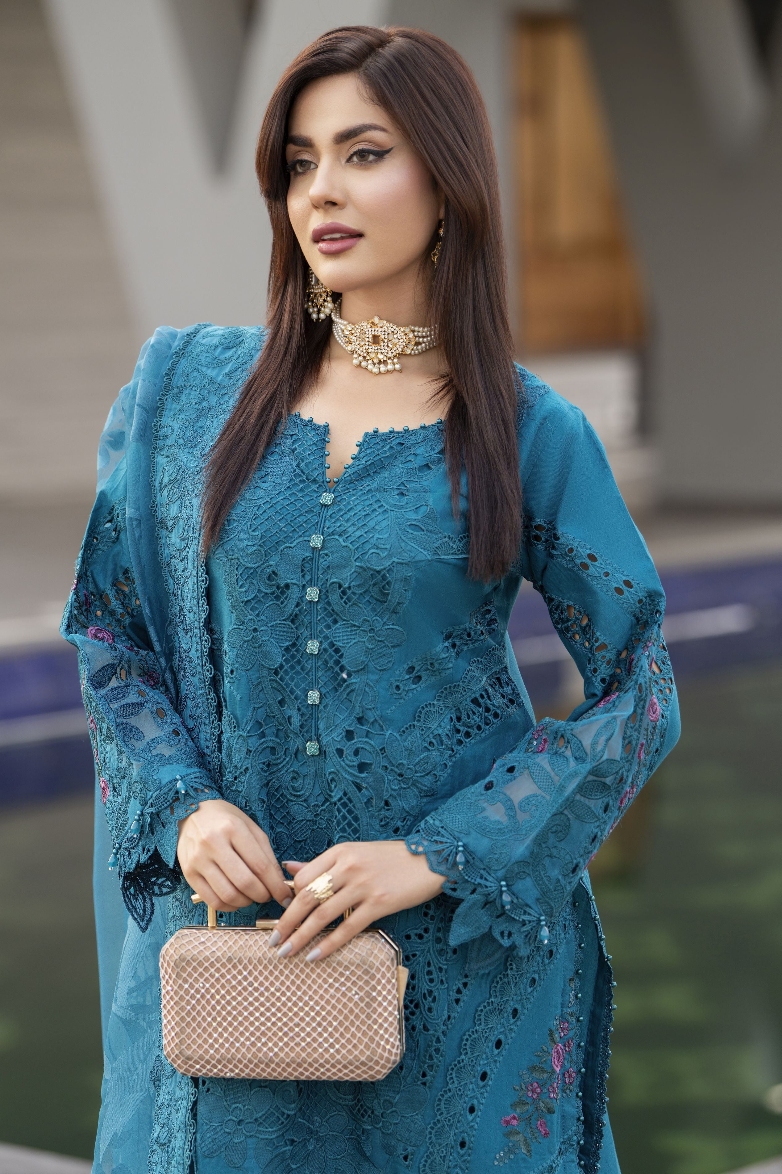 Raabtaa – A Silver Affair | Teal Blue Embroidered Designer Women Suit SRS03