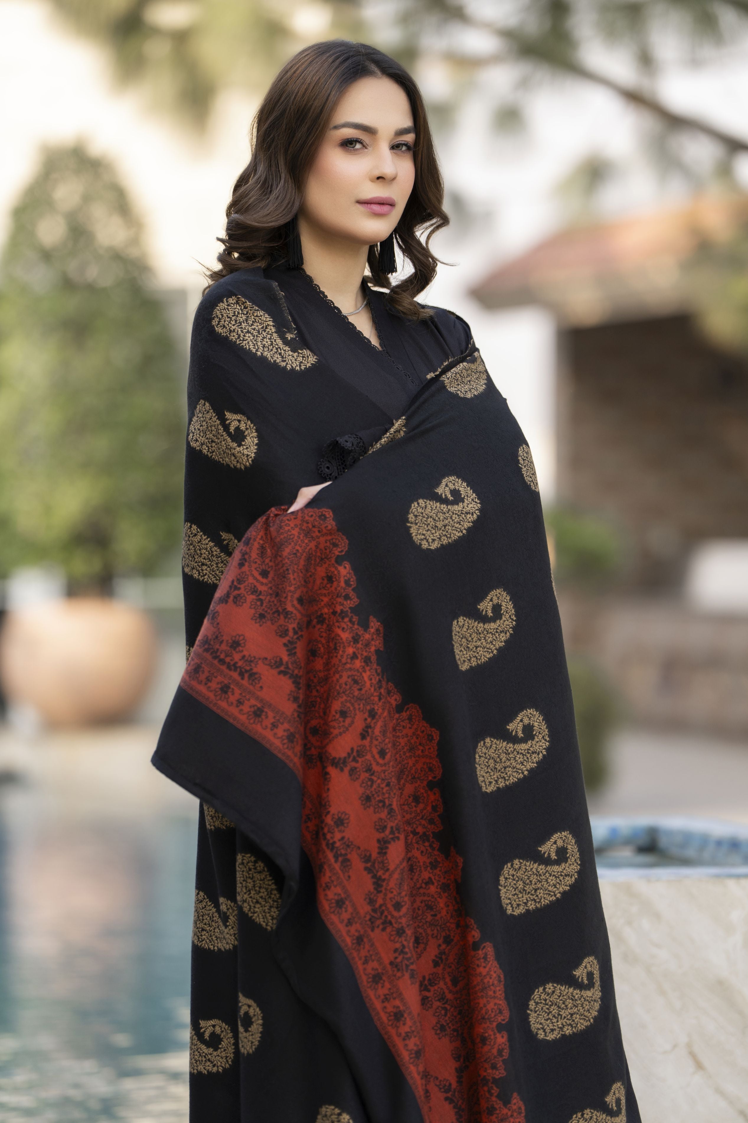 Black Dhanak Long Dress with Multani Winter Shawl by Gul Warun GSR8