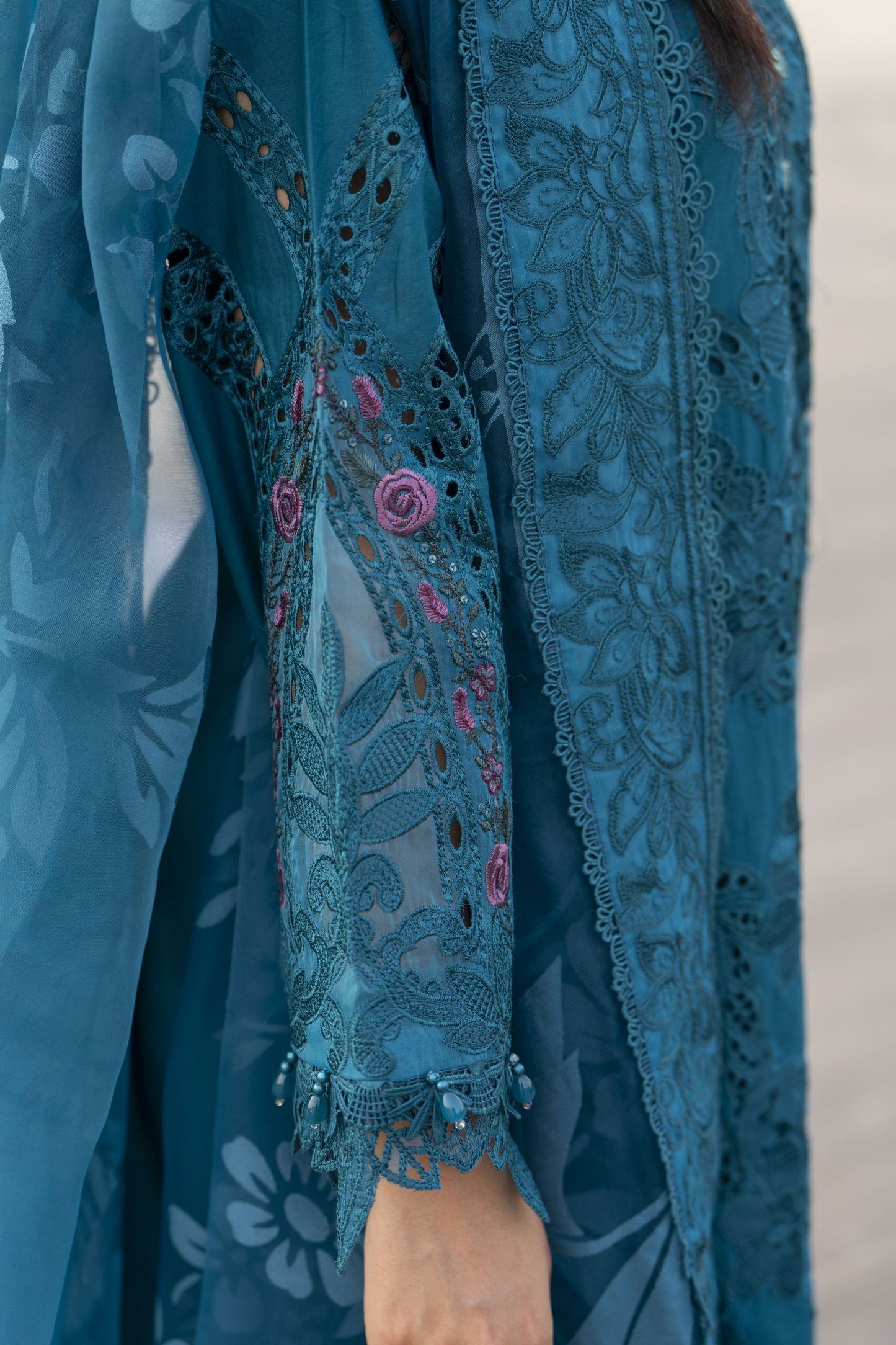 Raabtaa – A Silver Affair | Teal Blue Embroidered Designer Women Suit SRS03
