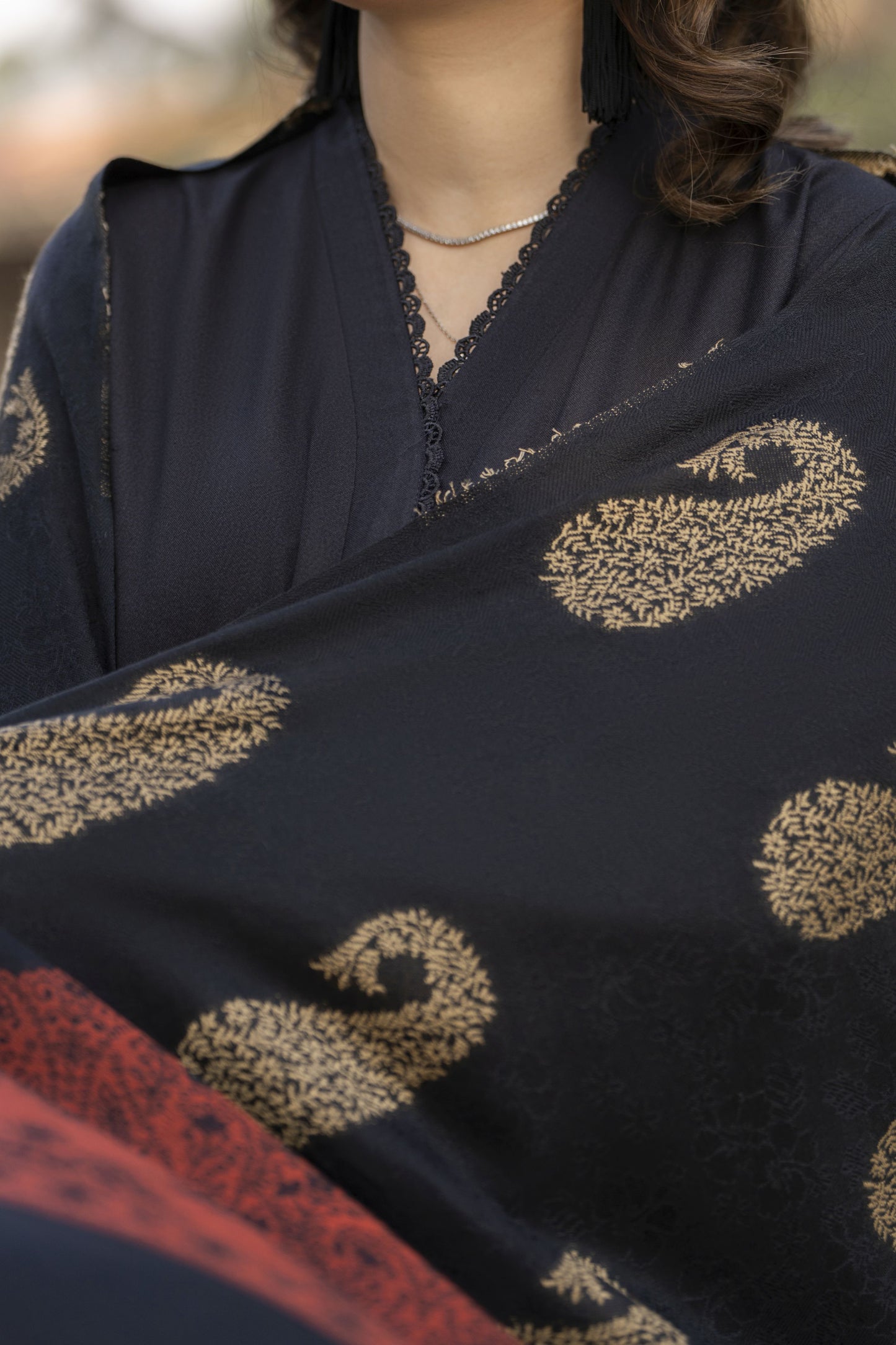 Black Dhanak Long Dress with Multani Winter Shawl by Gul Warun GSR8