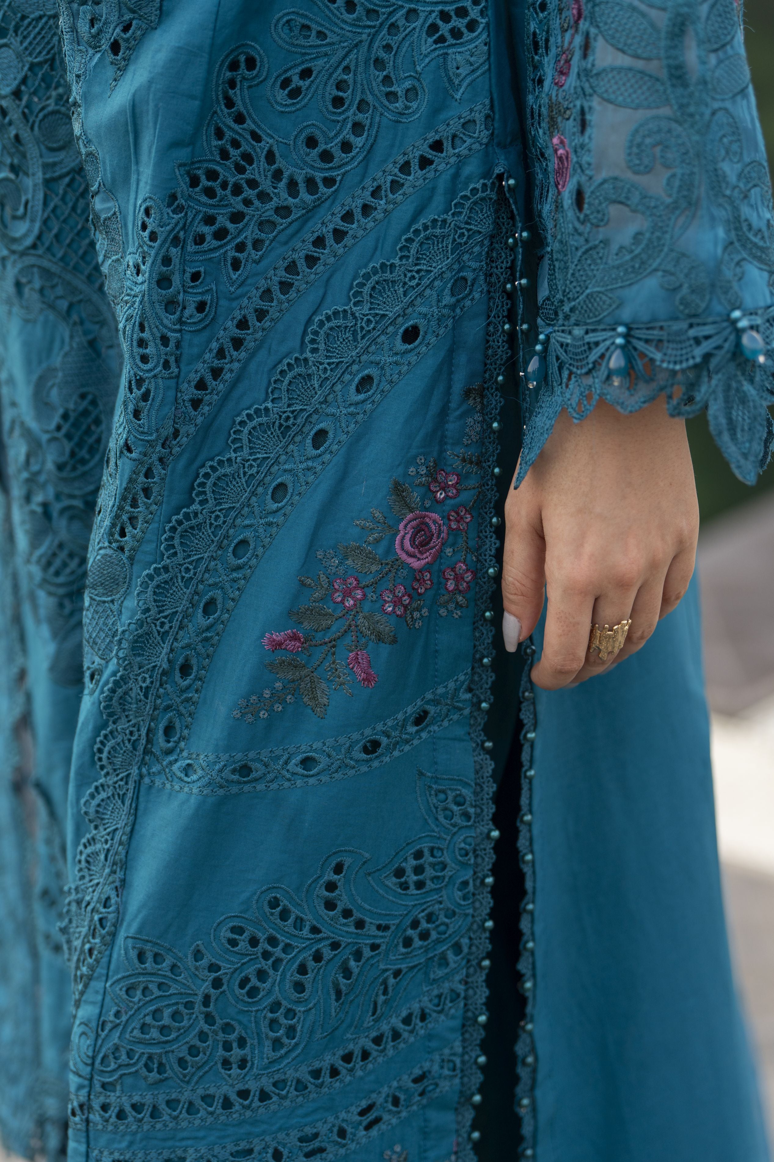 Raabtaa – A Silver Affair | Teal Blue Embroidered Designer Women Suit SRS03