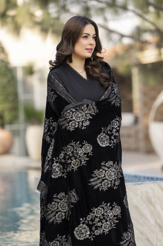 Embroidered Velvet Shawl for Women – Black VS3