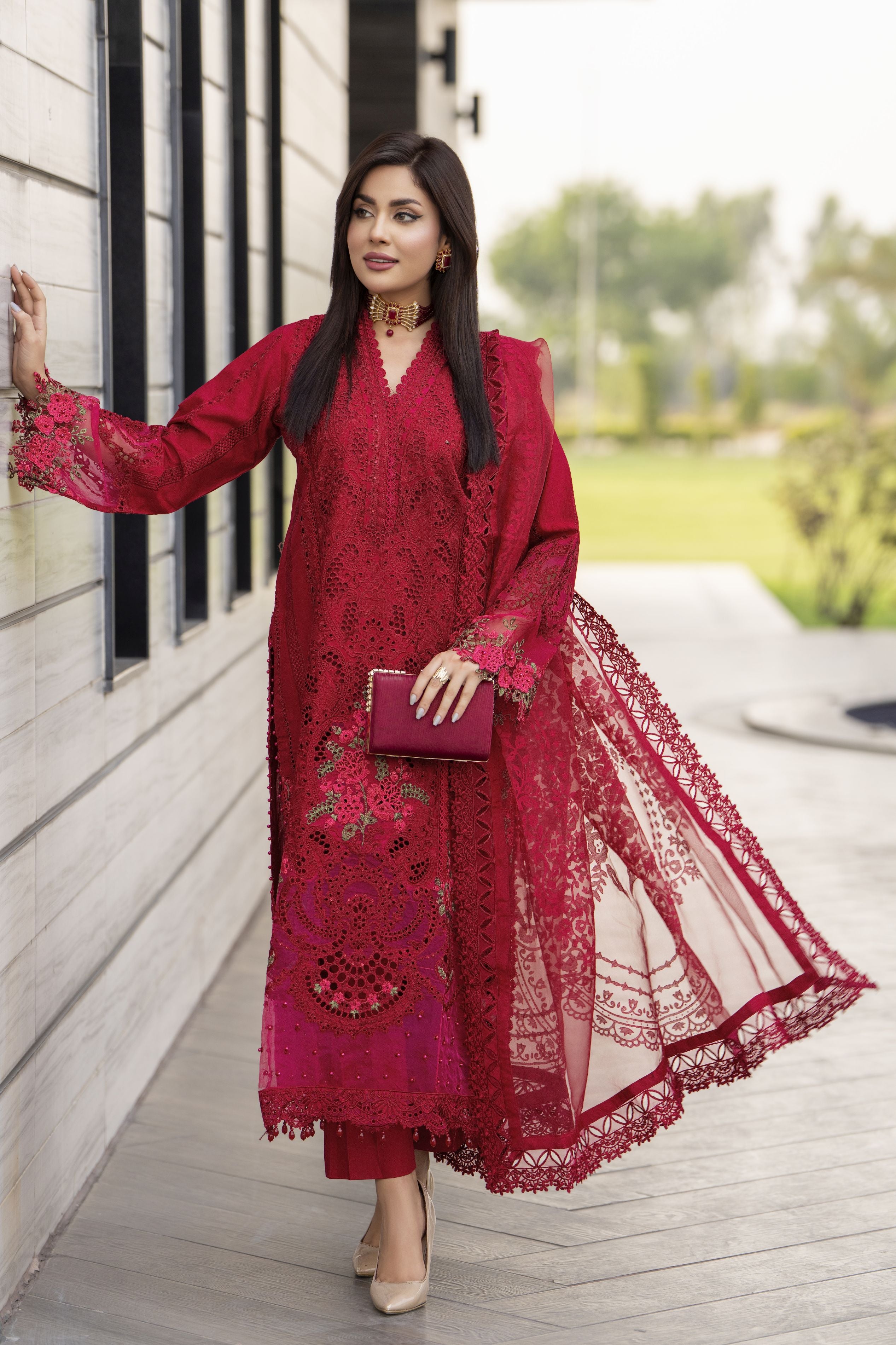 Raabtaa – A Silver Affair | Maroon Cutwork women's Dress SRS04
