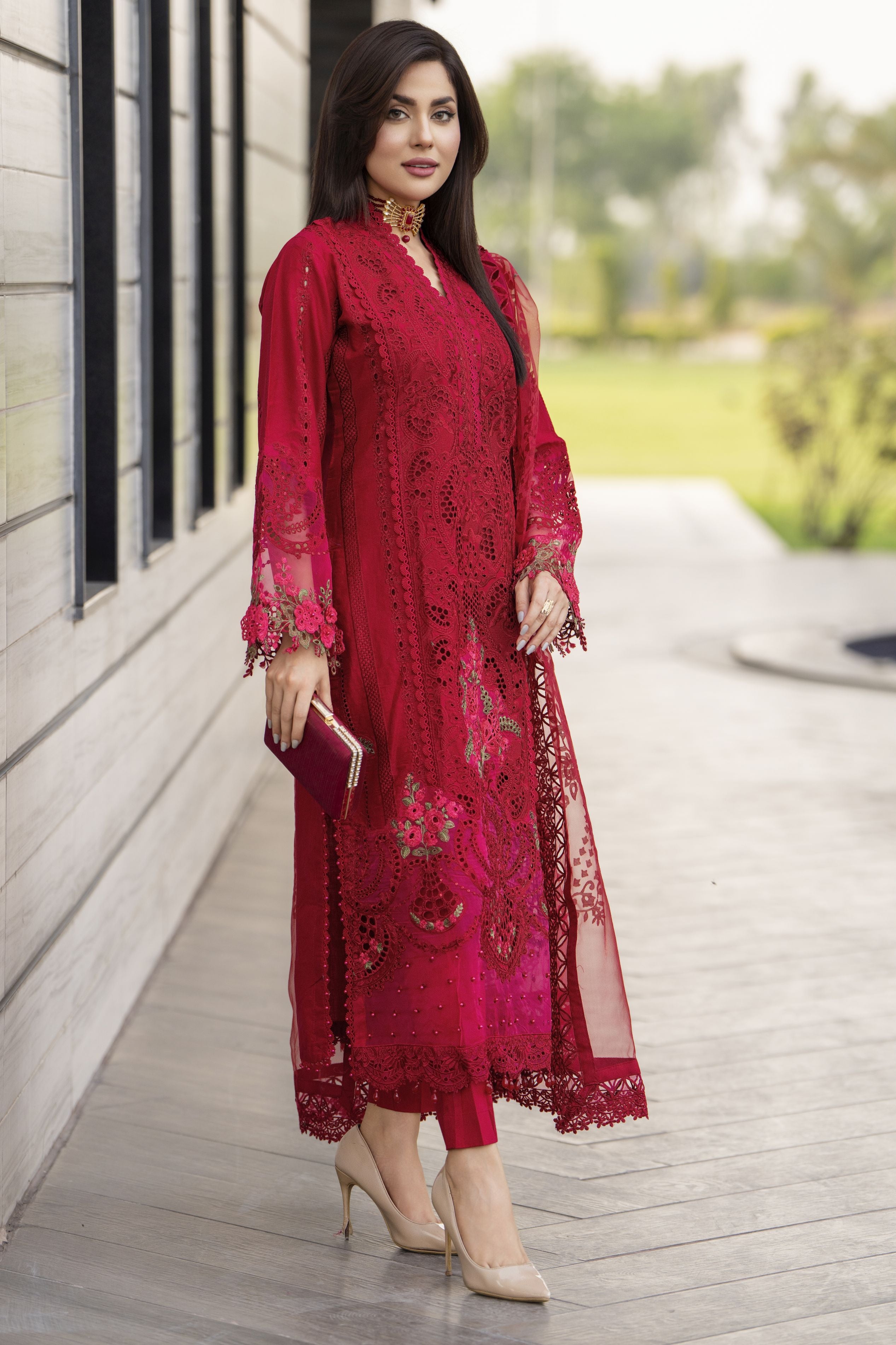 Raabtaa – A Silver Affair | Maroon Cutwork women's Dress SRS04