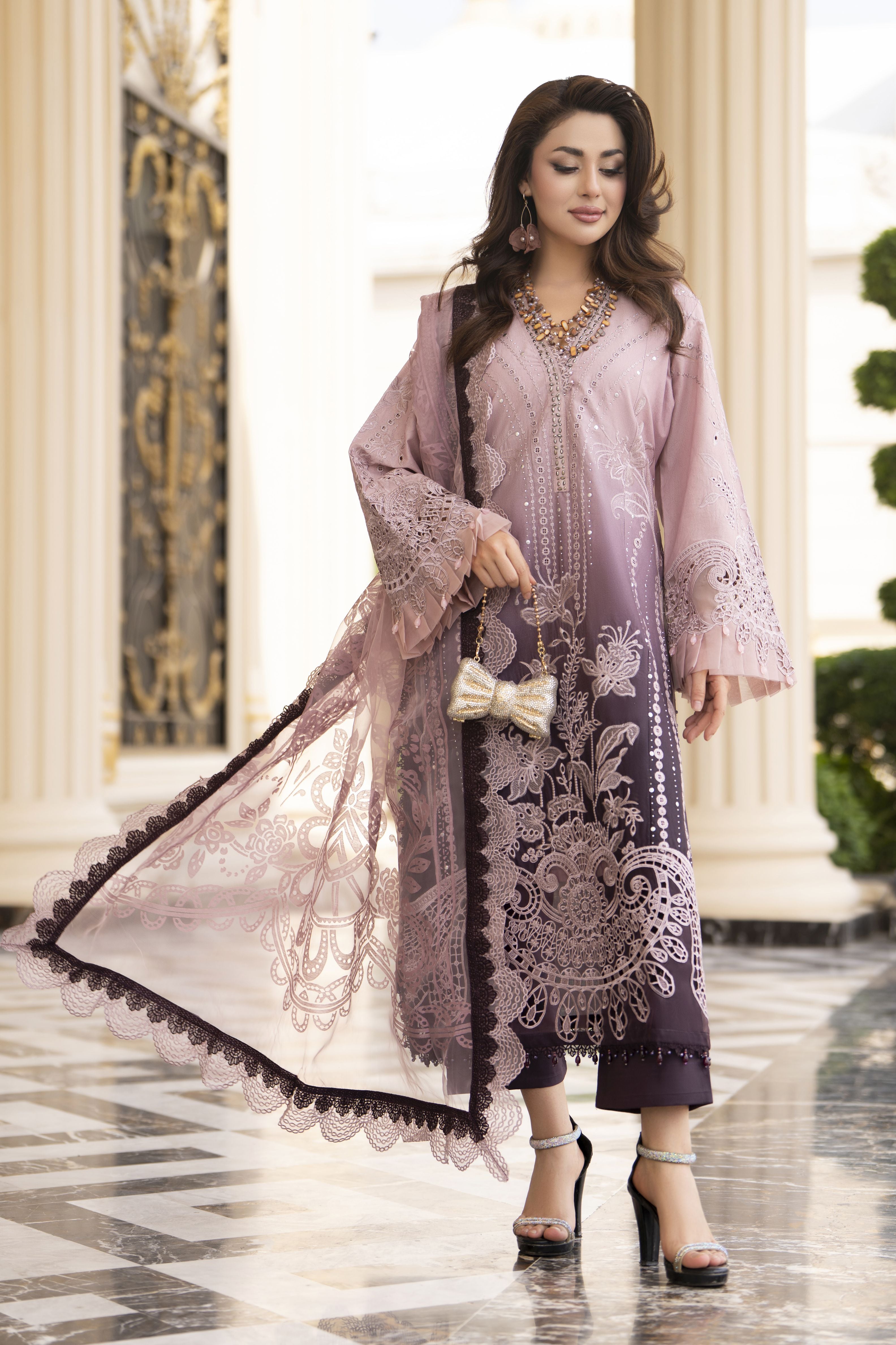 Arwah Aureen AA11 3pc Embroidered Cotton Long Suit with Organza Dupatta