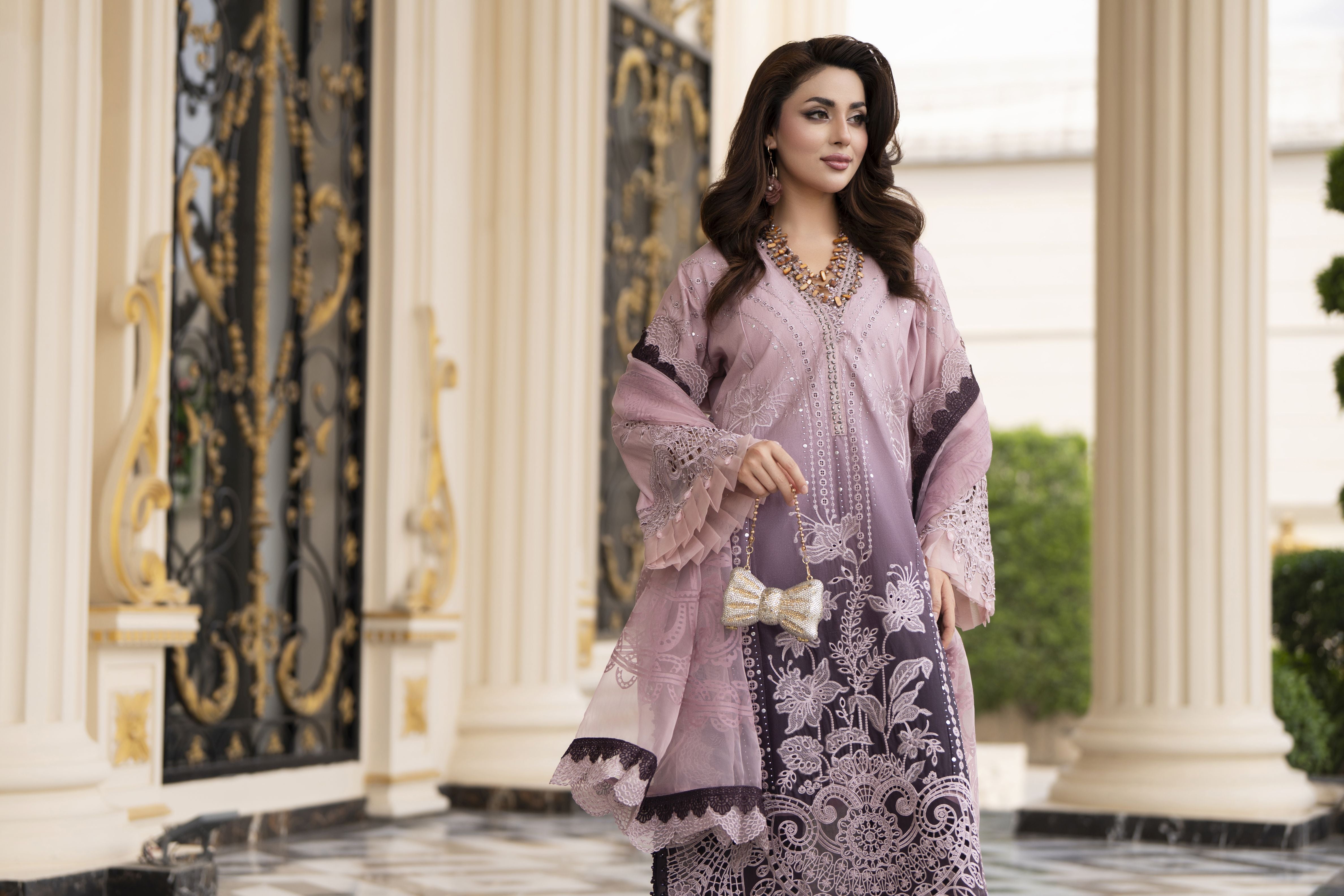 Arwah Aureen AA11 3pc Embroidered Cotton Long Suit with Organza Dupatta