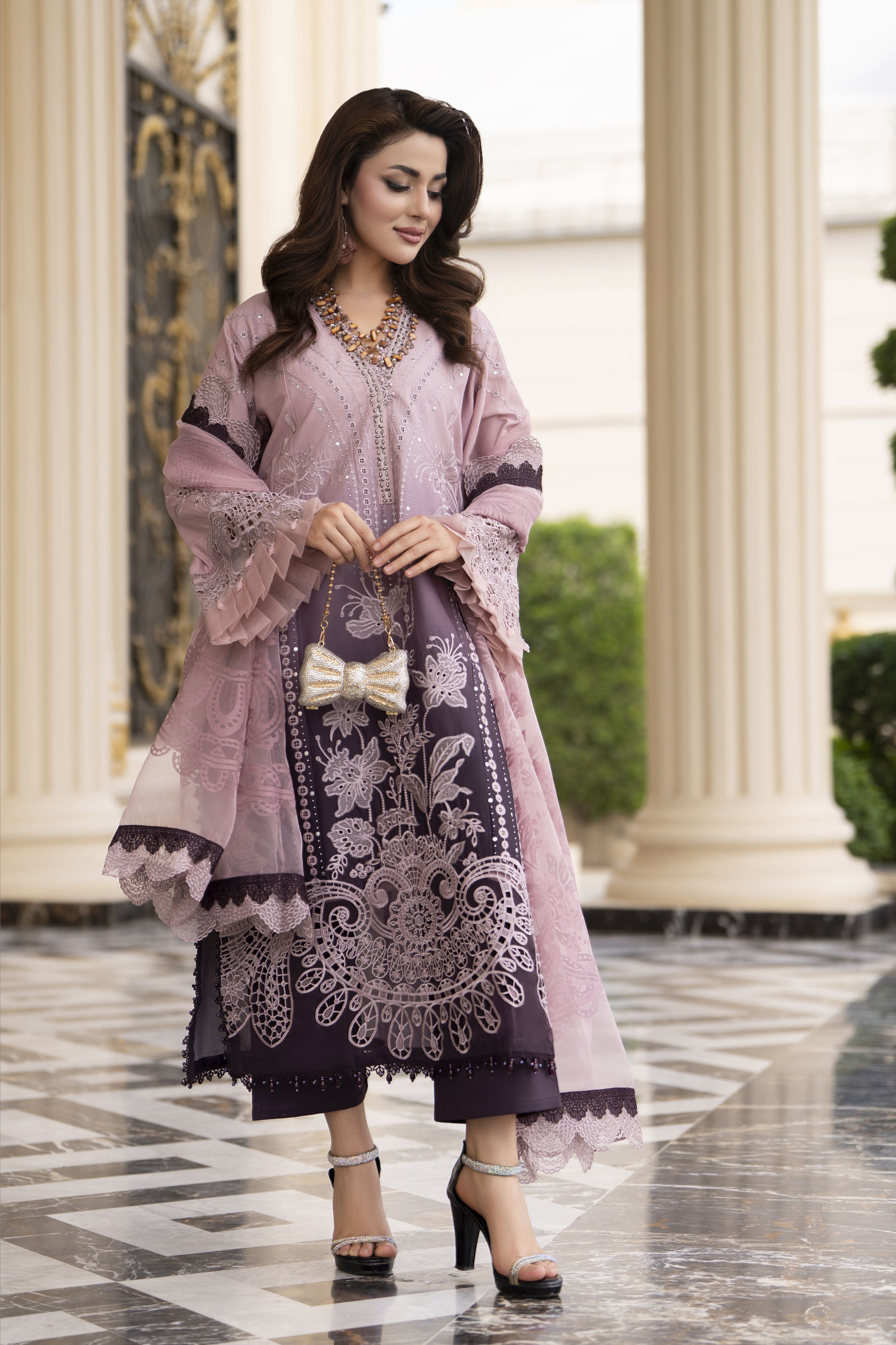 Arwah Aureen AA11 3pc Embroidered Cotton Long Suit with Organza Dupatta