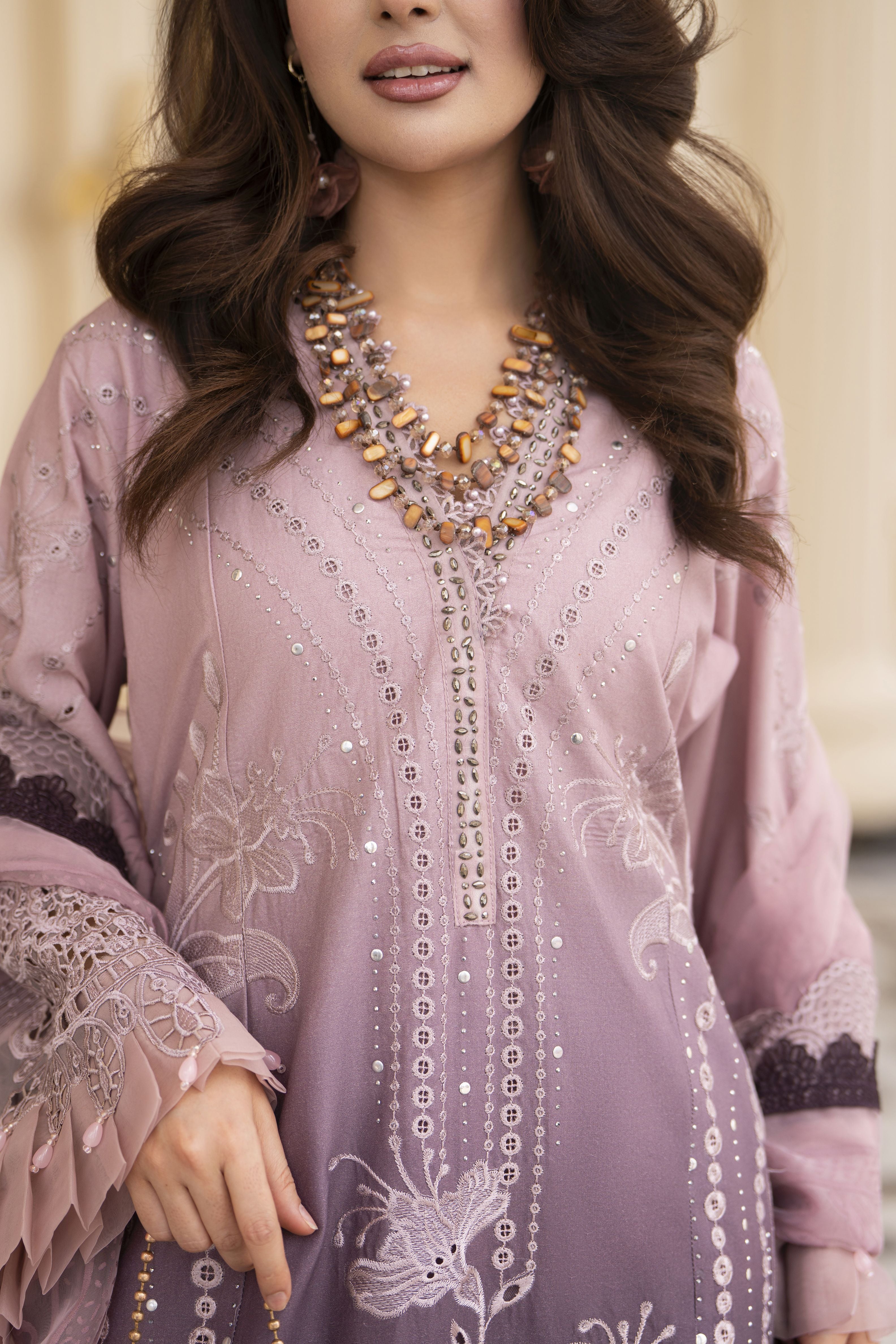 Arwah Aureen AA11 3pc Embroidered Cotton Long Suit with Organza Dupatta